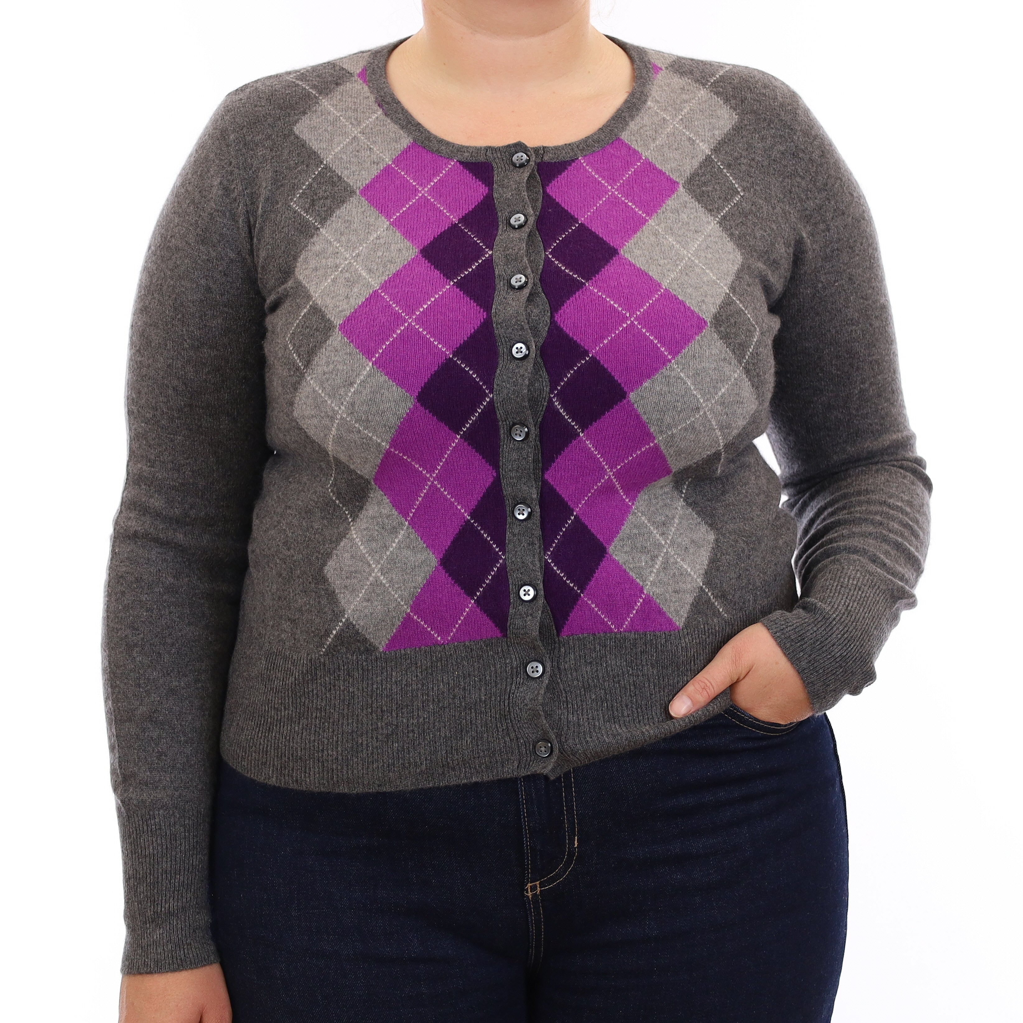 Grey & Purple Argyle Cashmere Crew Neck Cardigan Large