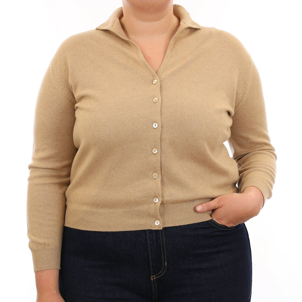 Beige Cashmere Collared V Neck Cardigan Large
