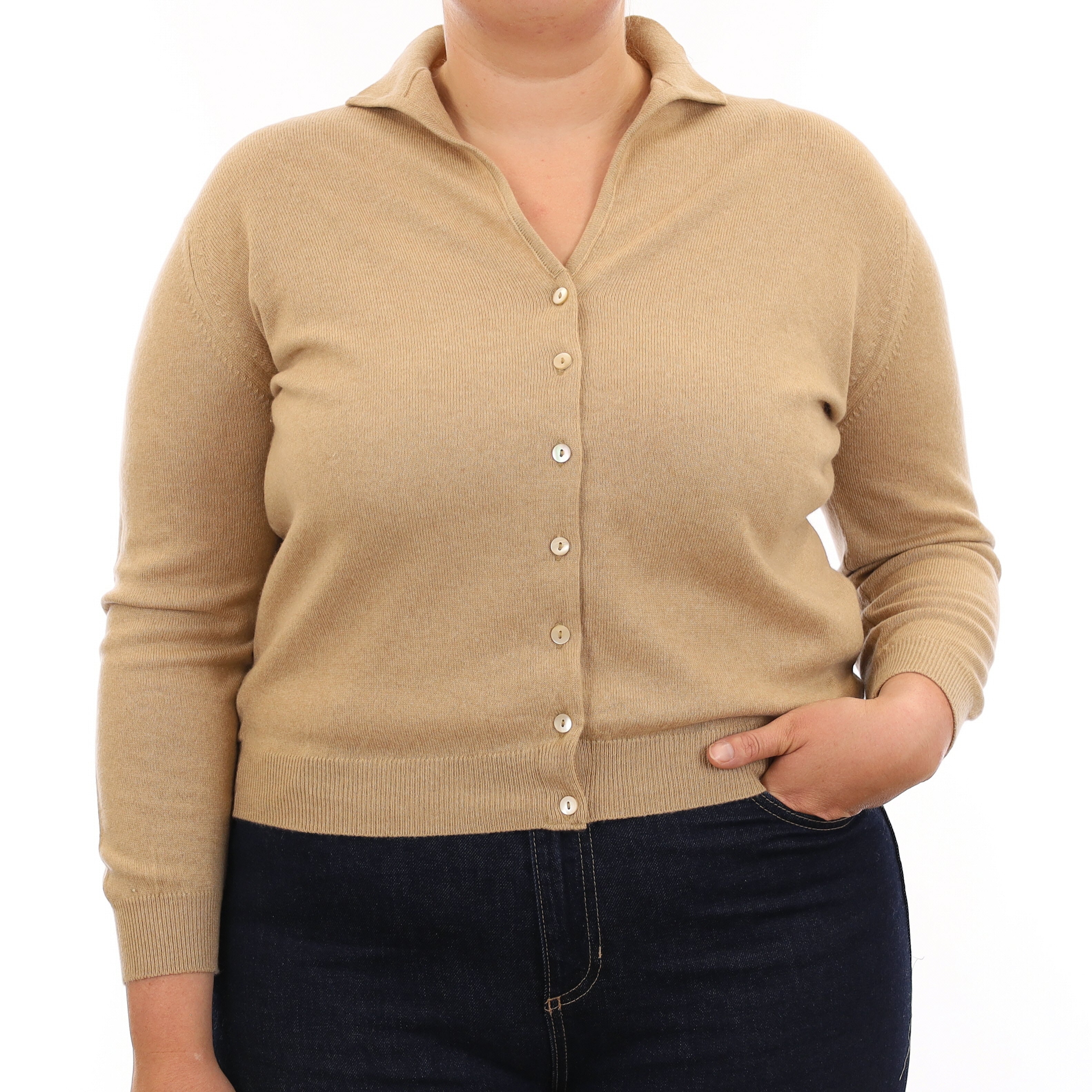 Beige Cashmere Collared V Neck Cardigan Large