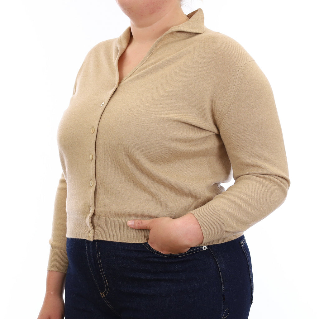 Beige Cashmere Collared V Neck Cardigan Large