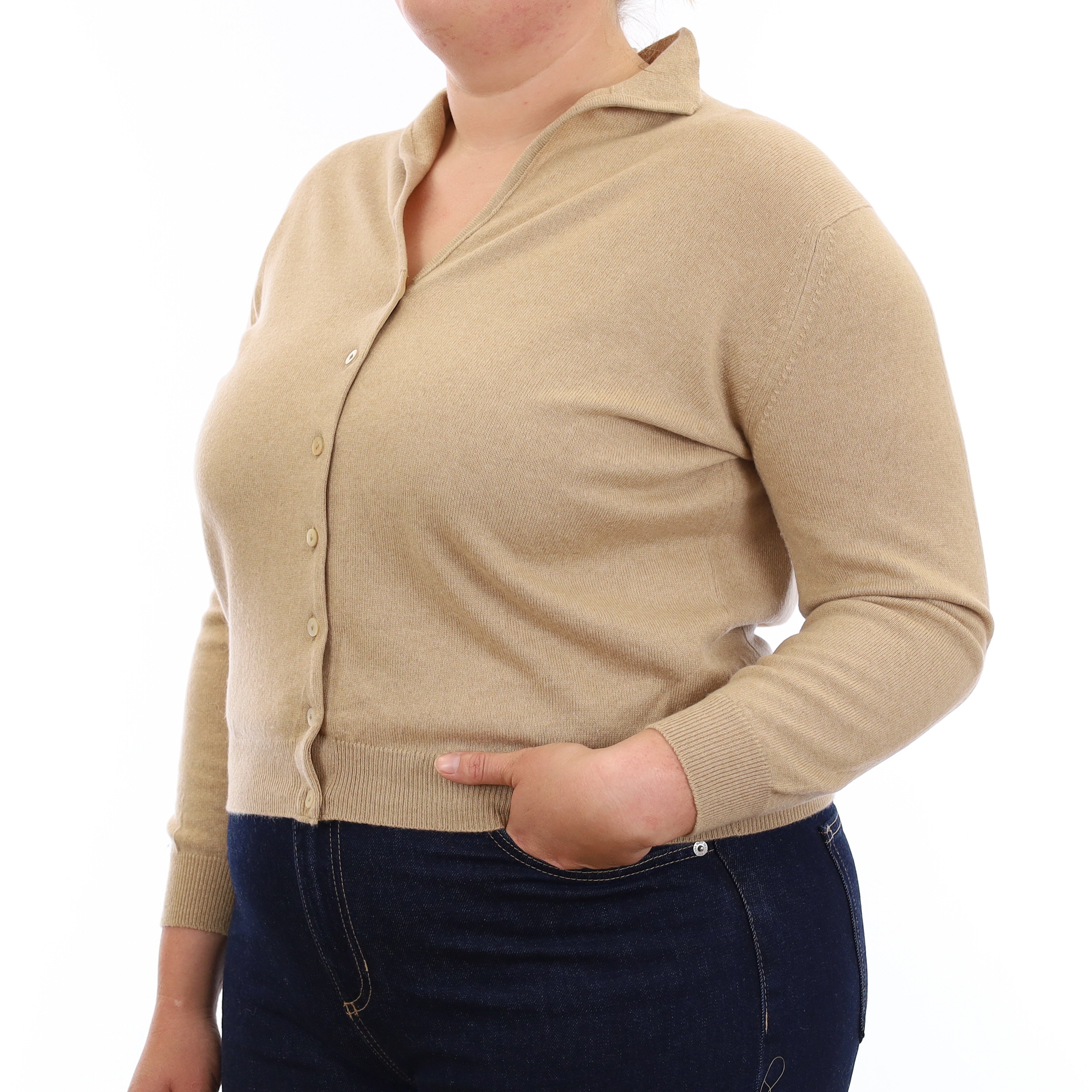 Beige Cashmere Collared V Neck Cardigan Large