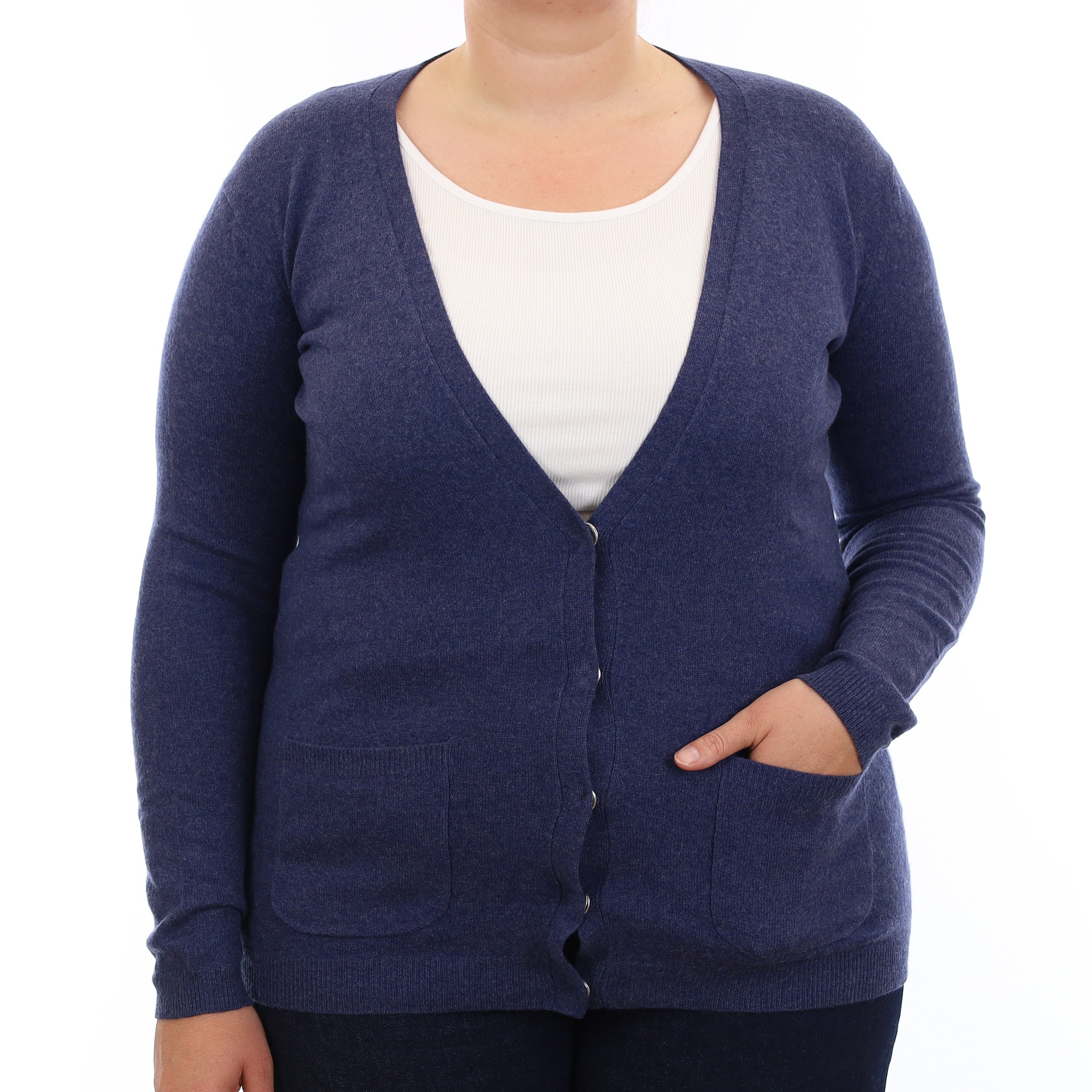 Naval Blue Cashmere V Neck Cardigan with Pockets Large