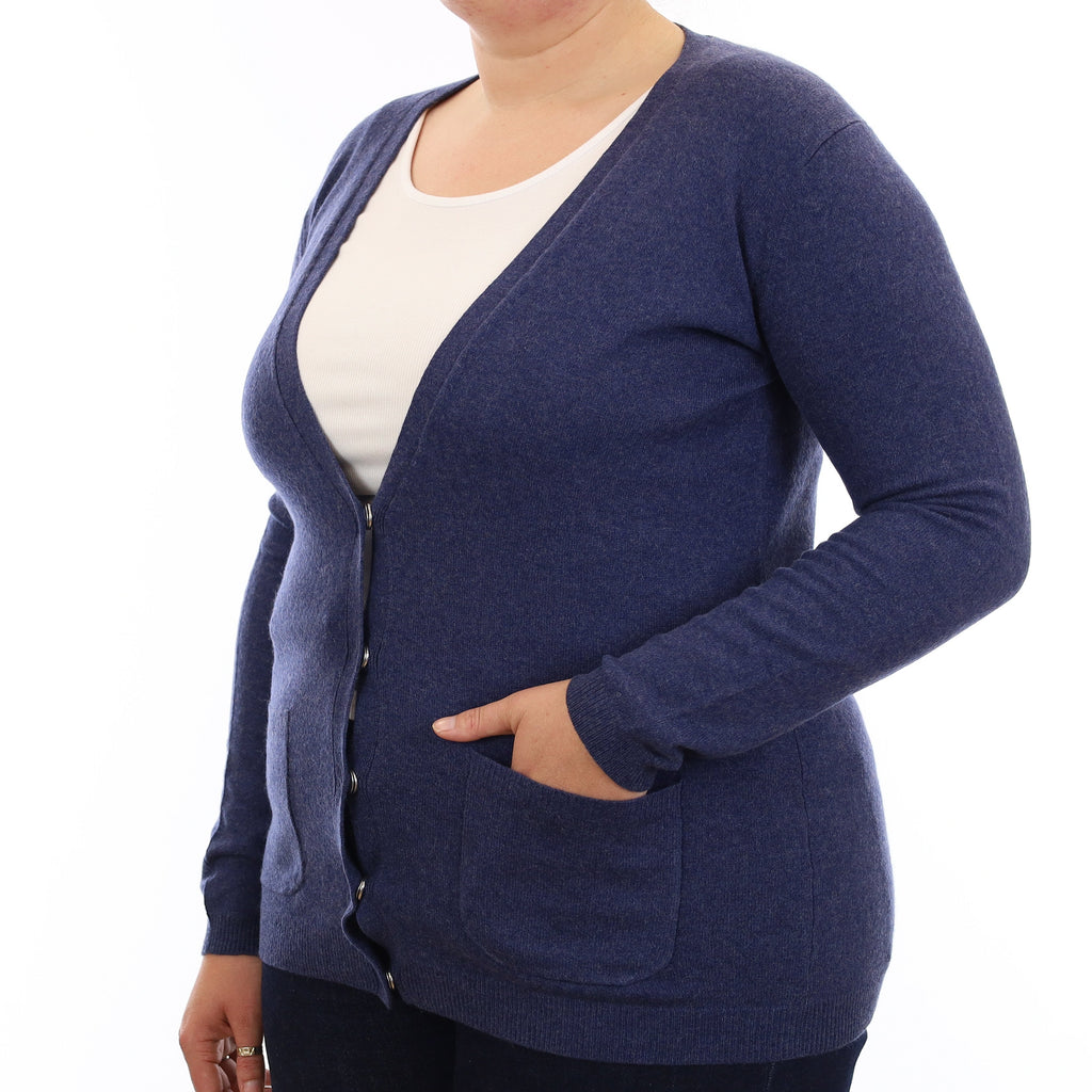 Naval Blue Cashmere V Neck Cardigan with Pockets Large