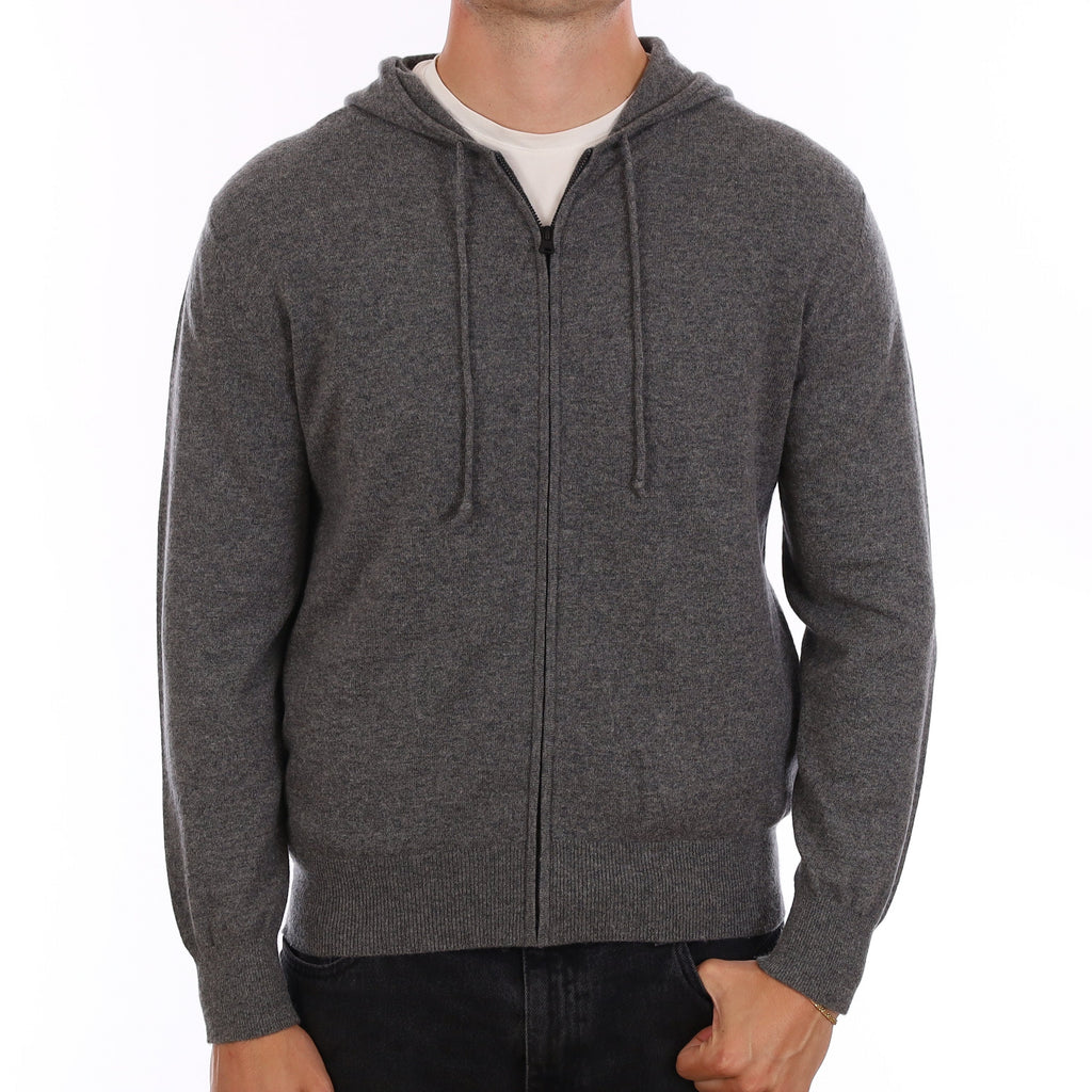 Men's Slate Grey Cashmere Zip Up Hoodie With Pockets V Neck XL
