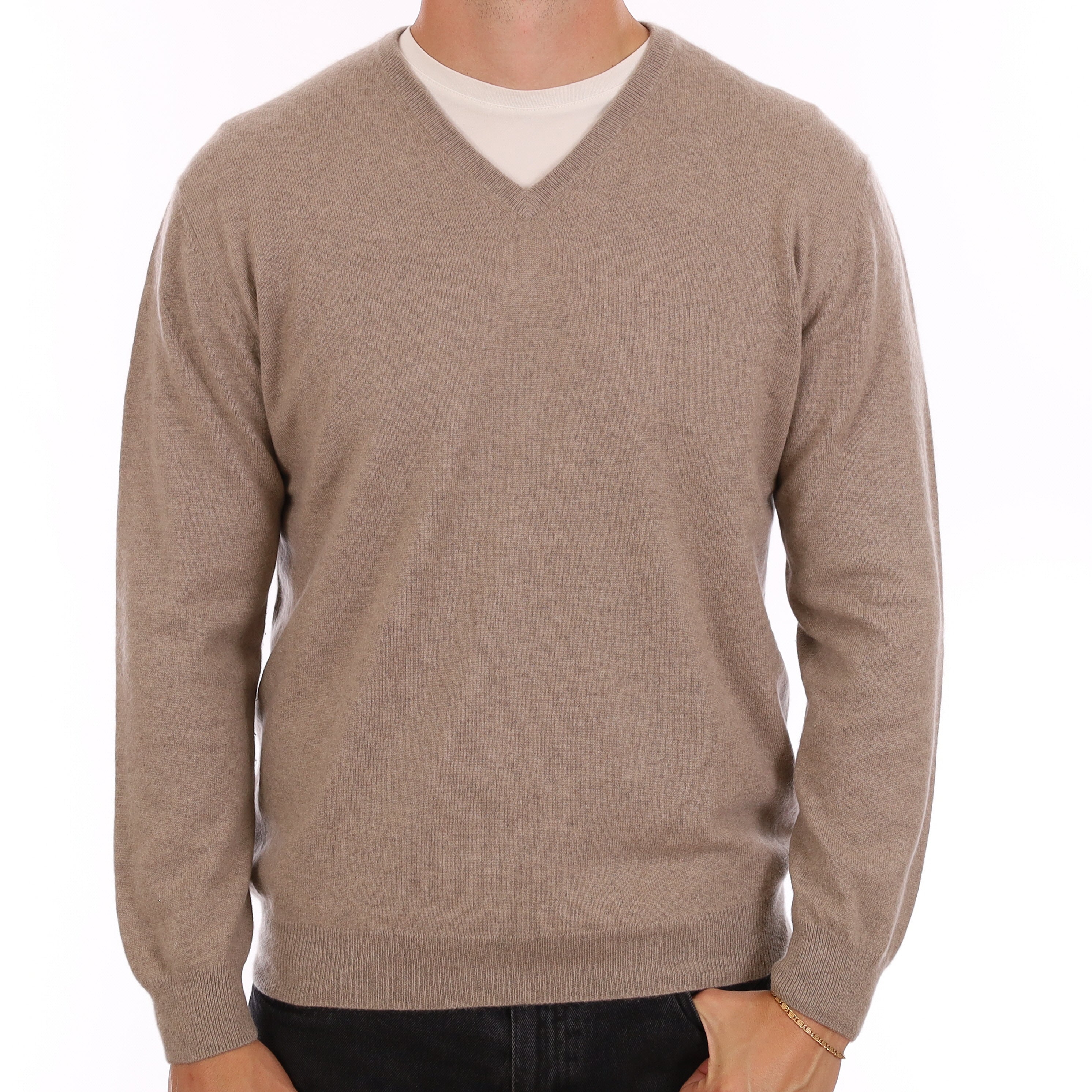 Men's Mink Brown Cashmere V Neck Jumper XL
