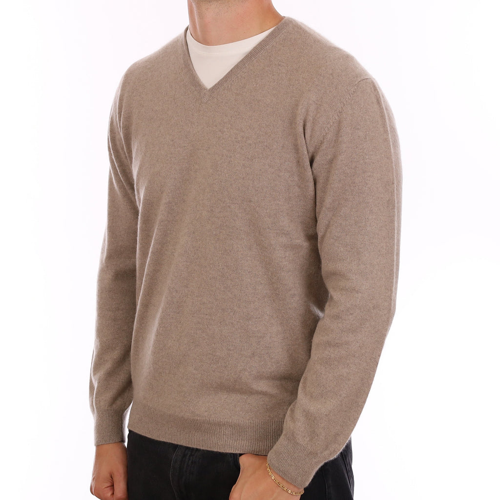 Men's Mink Brown Cashmere V Neck Jumper XL