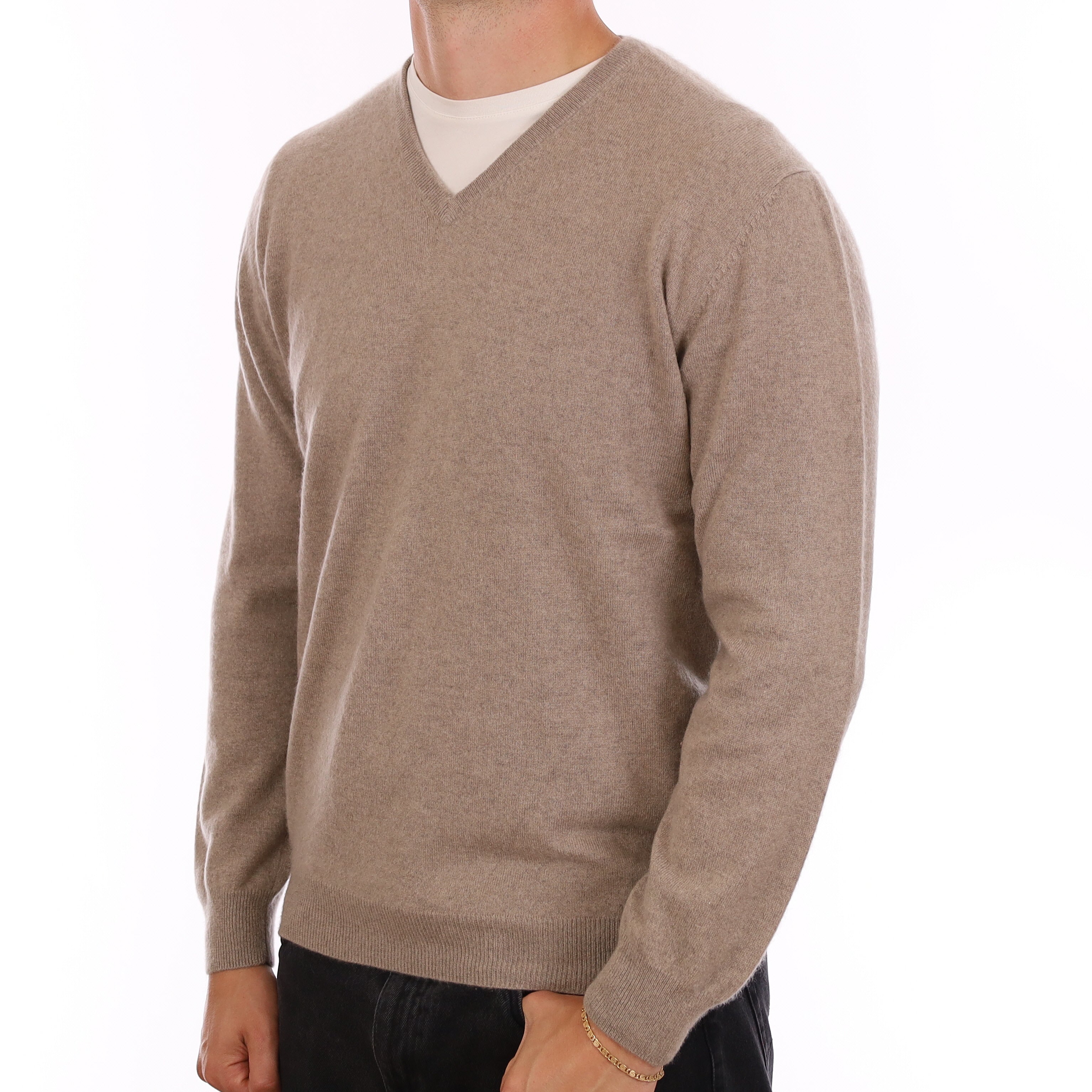 Men's Mink Brown Cashmere V Neck Jumper XL