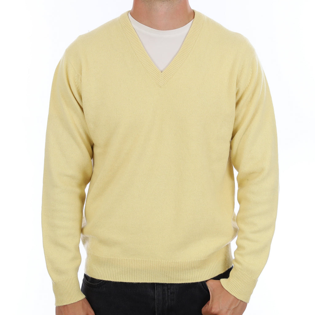 Men's Scottish Camomile Yellow Cashmere V Neck Jumper XL