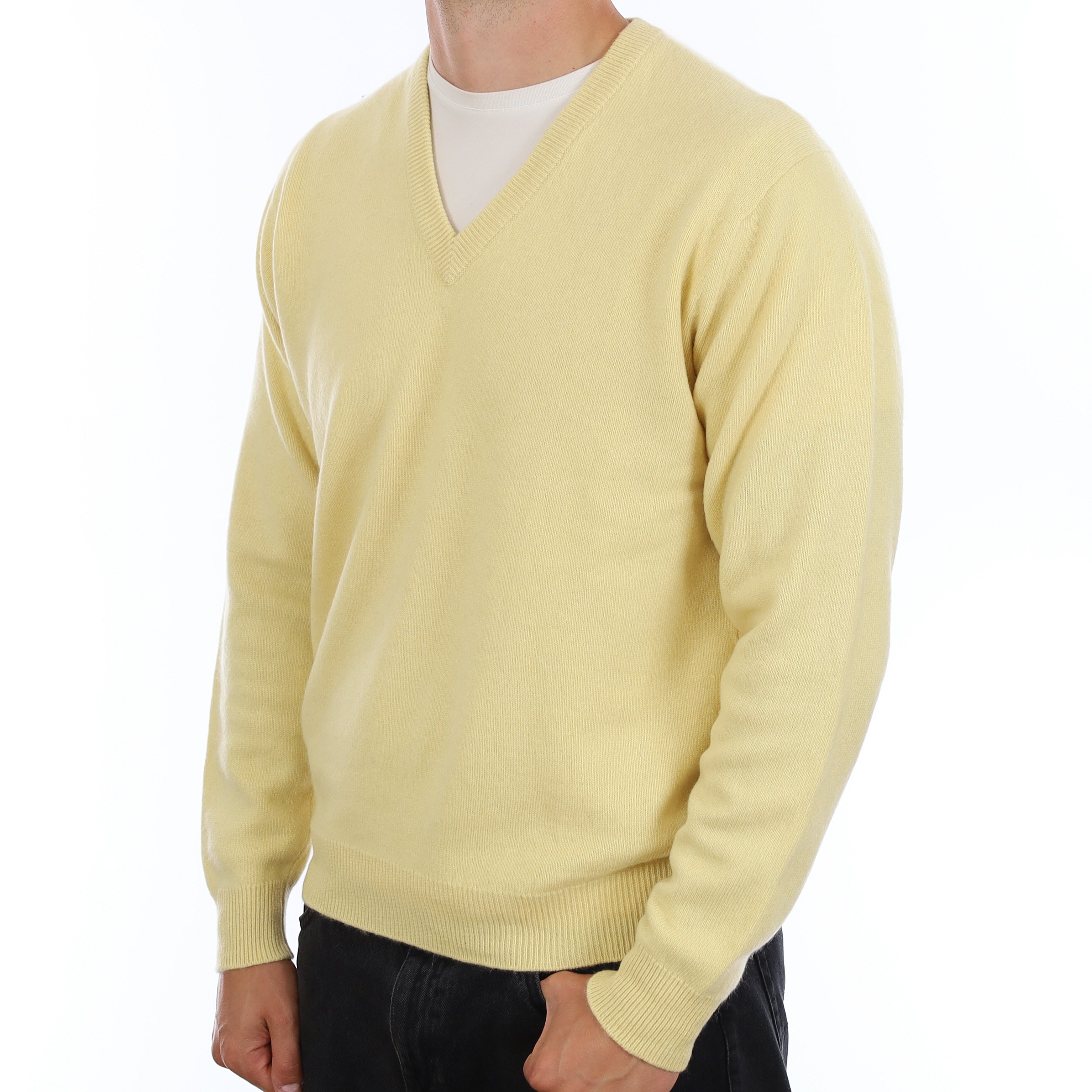 Men's Scottish Camomile Yellow Cashmere V Neck Jumper XL