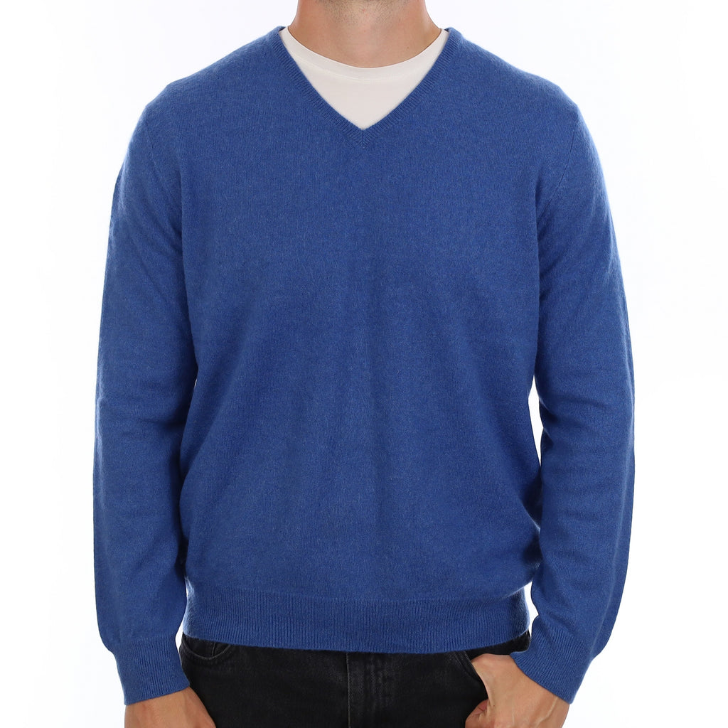 Men's Azure Blue Cashmere V Neck Jumper XL