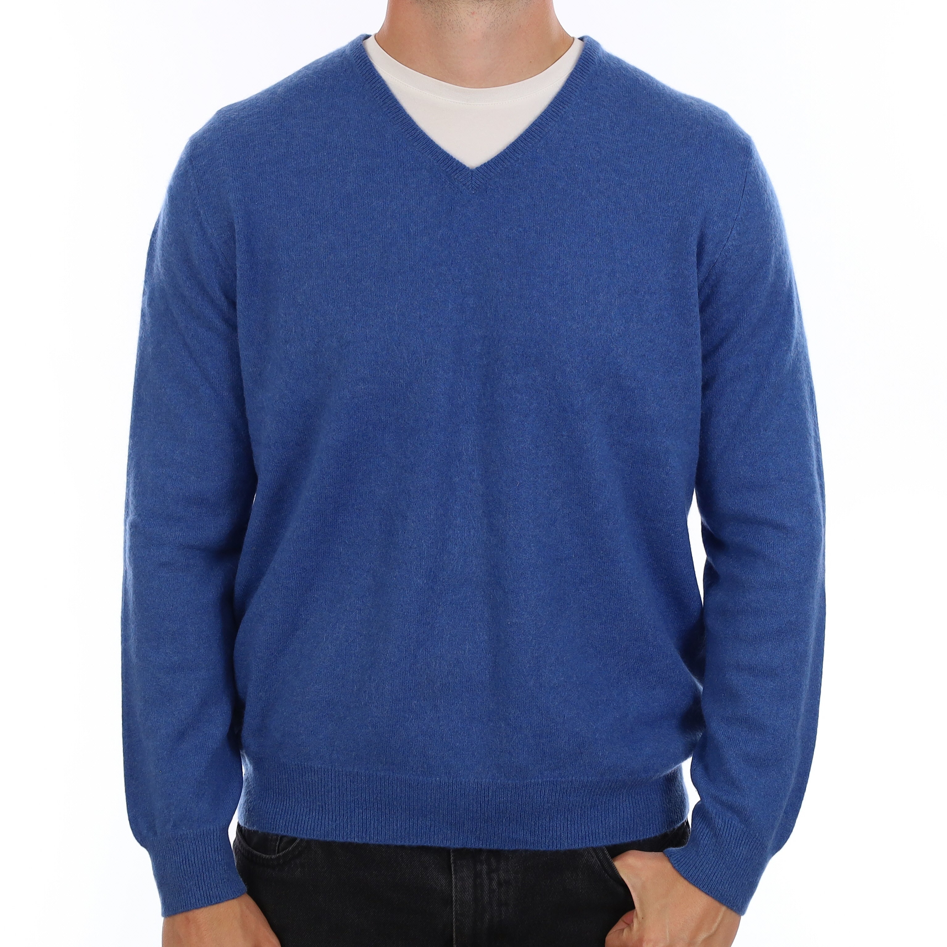 Men's Azure Blue Cashmere V Neck Jumper XL