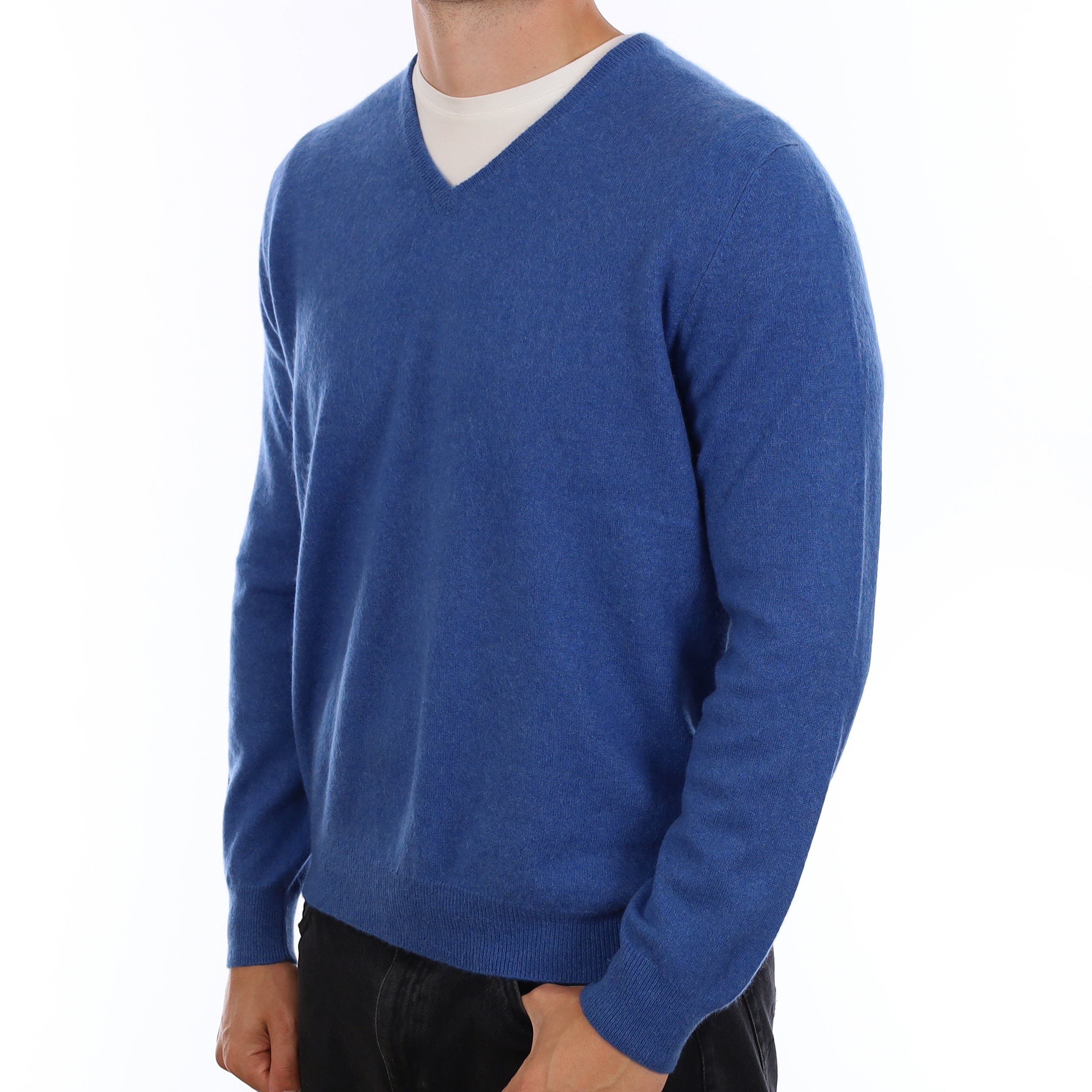 Men's Azure Blue Cashmere V Neck Jumper XL