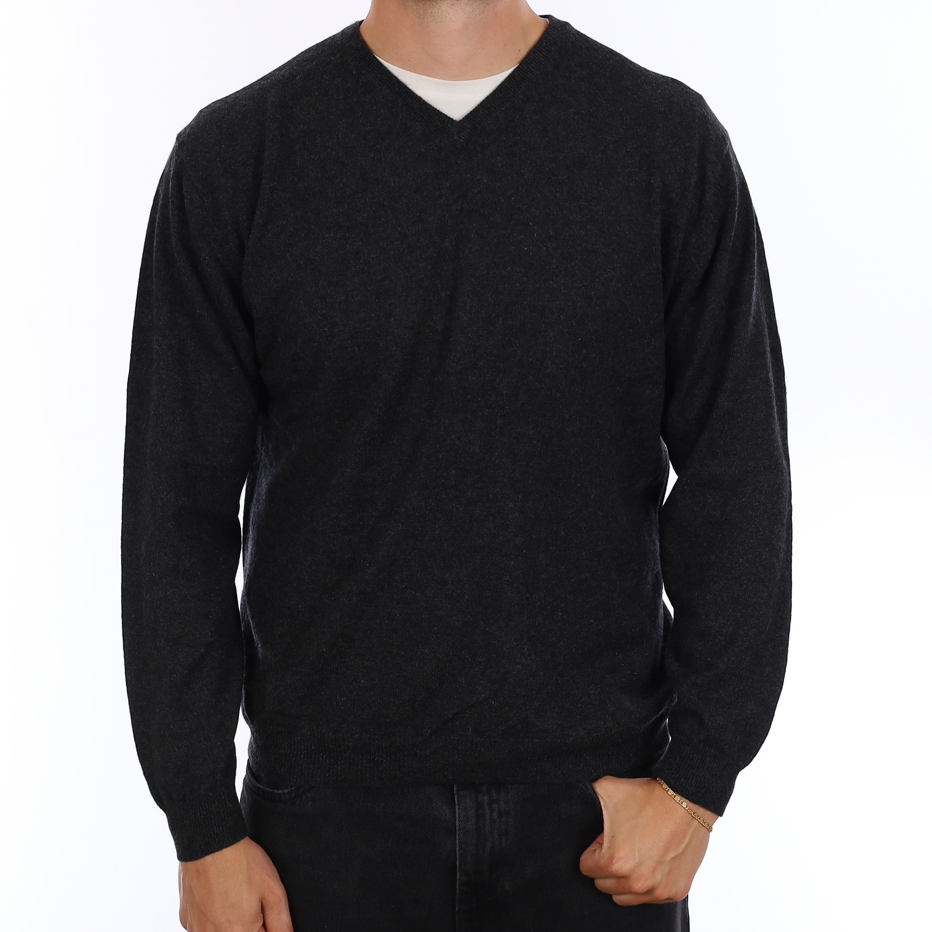 Men's Charcoal Grey Cashmere V Neck Jumper XL