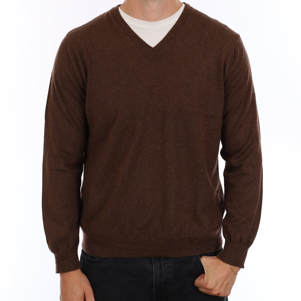 Men's Chocolate Brown Cashmere V Neck Jumper XL
