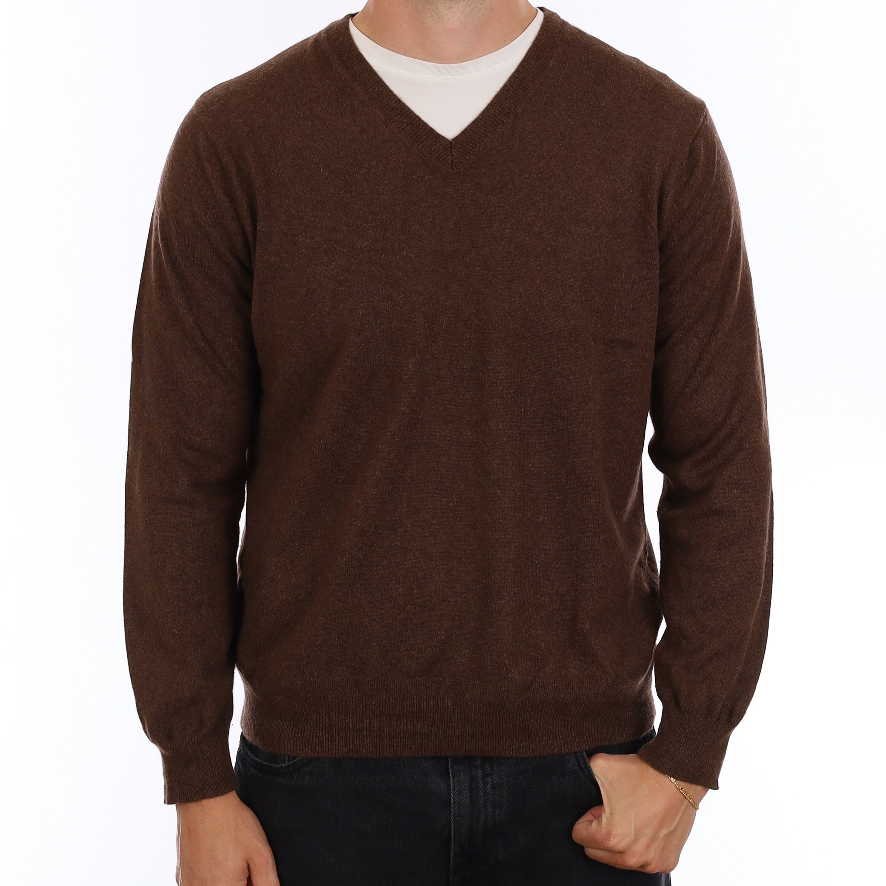Men's Chocolate Brown Cashmere V Neck Jumper XL