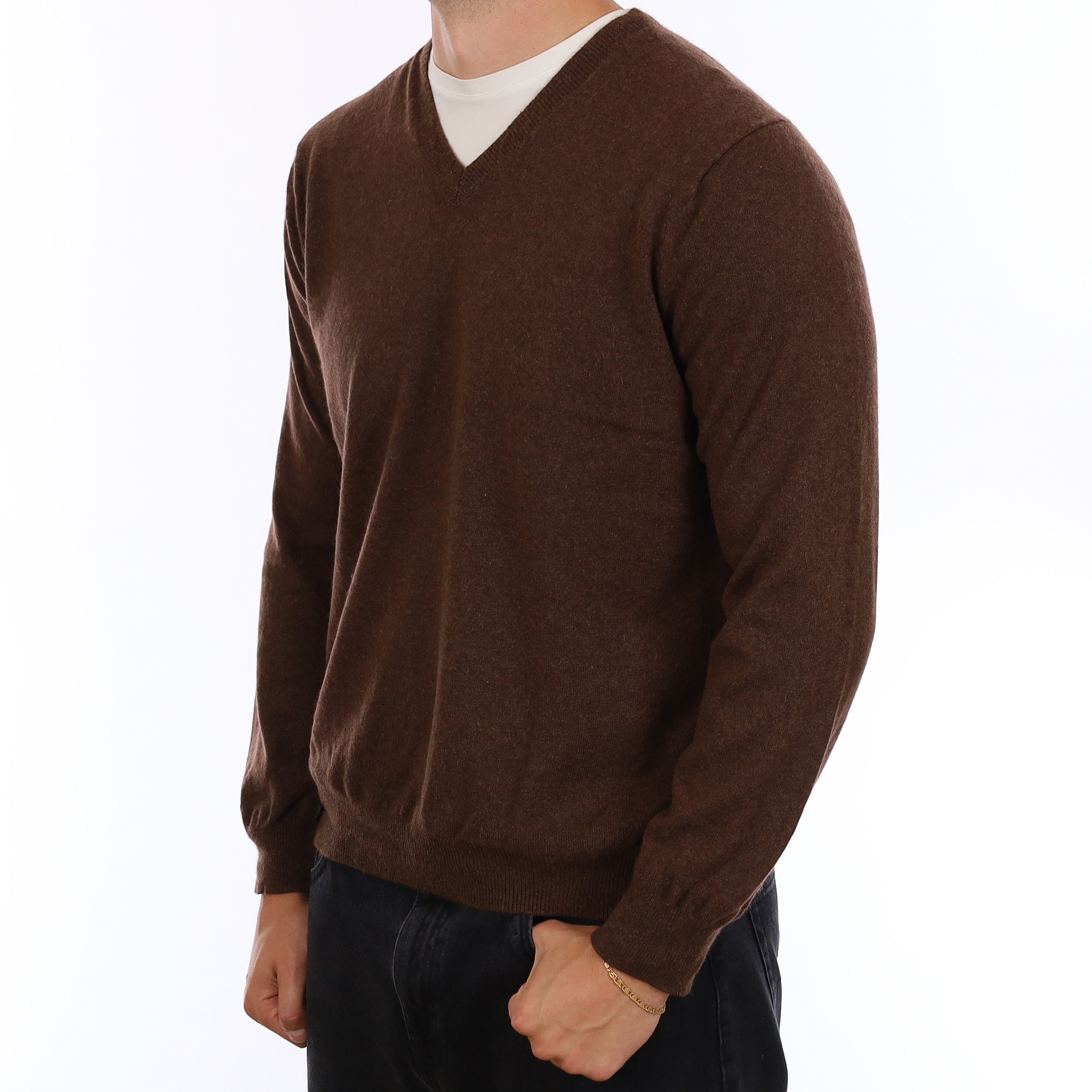 Men's Chocolate Brown Cashmere V Neck Jumper XL