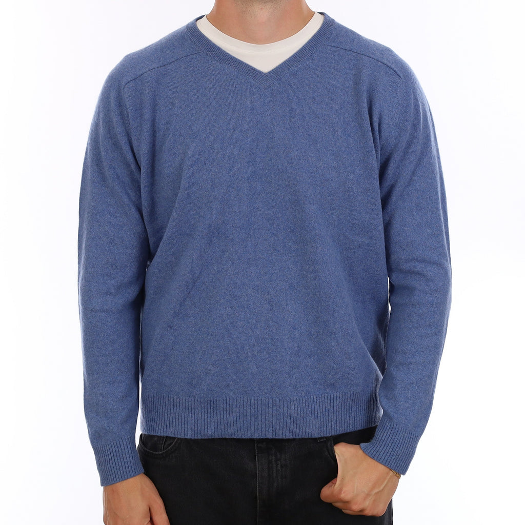 Men's Denim Blue Cashmere V Neck Jumper XL