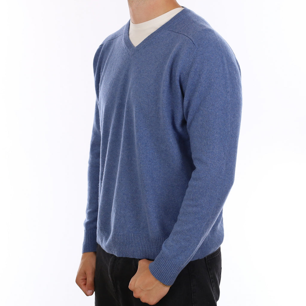Men's Denim Blue Cashmere V Neck Jumper XL