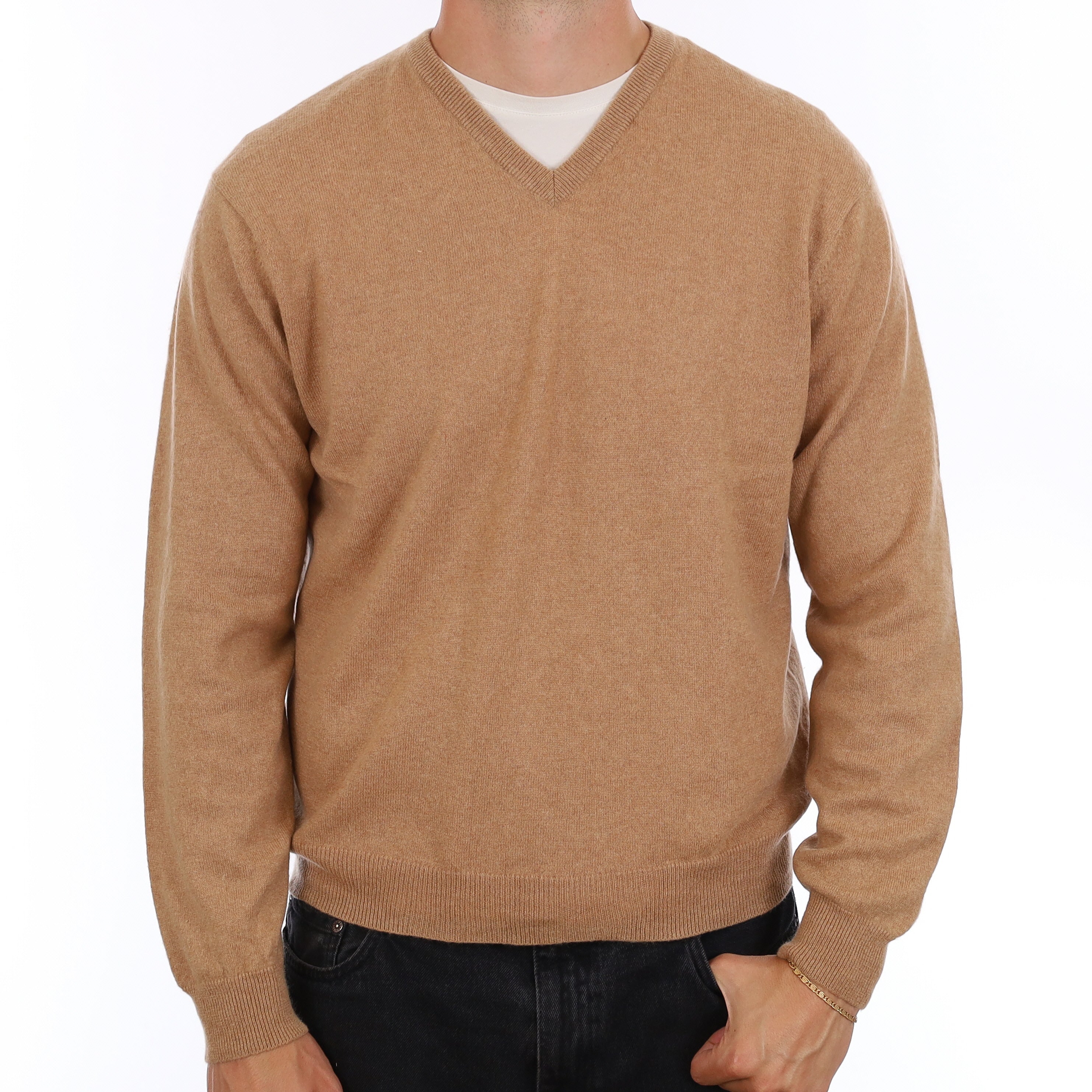 Men's Caramel Brown Cashmere V Neck Jumper XL