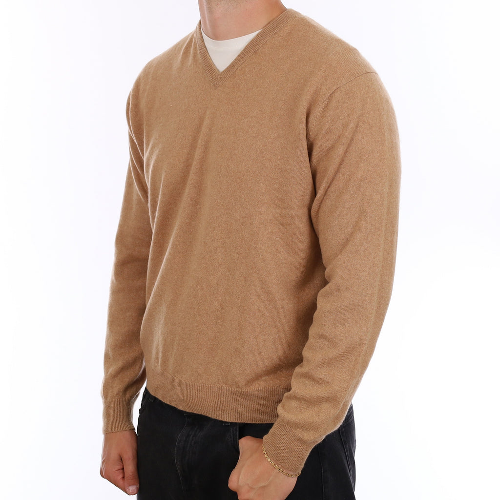 Men's Caramel Brown Cashmere V Neck Jumper XL