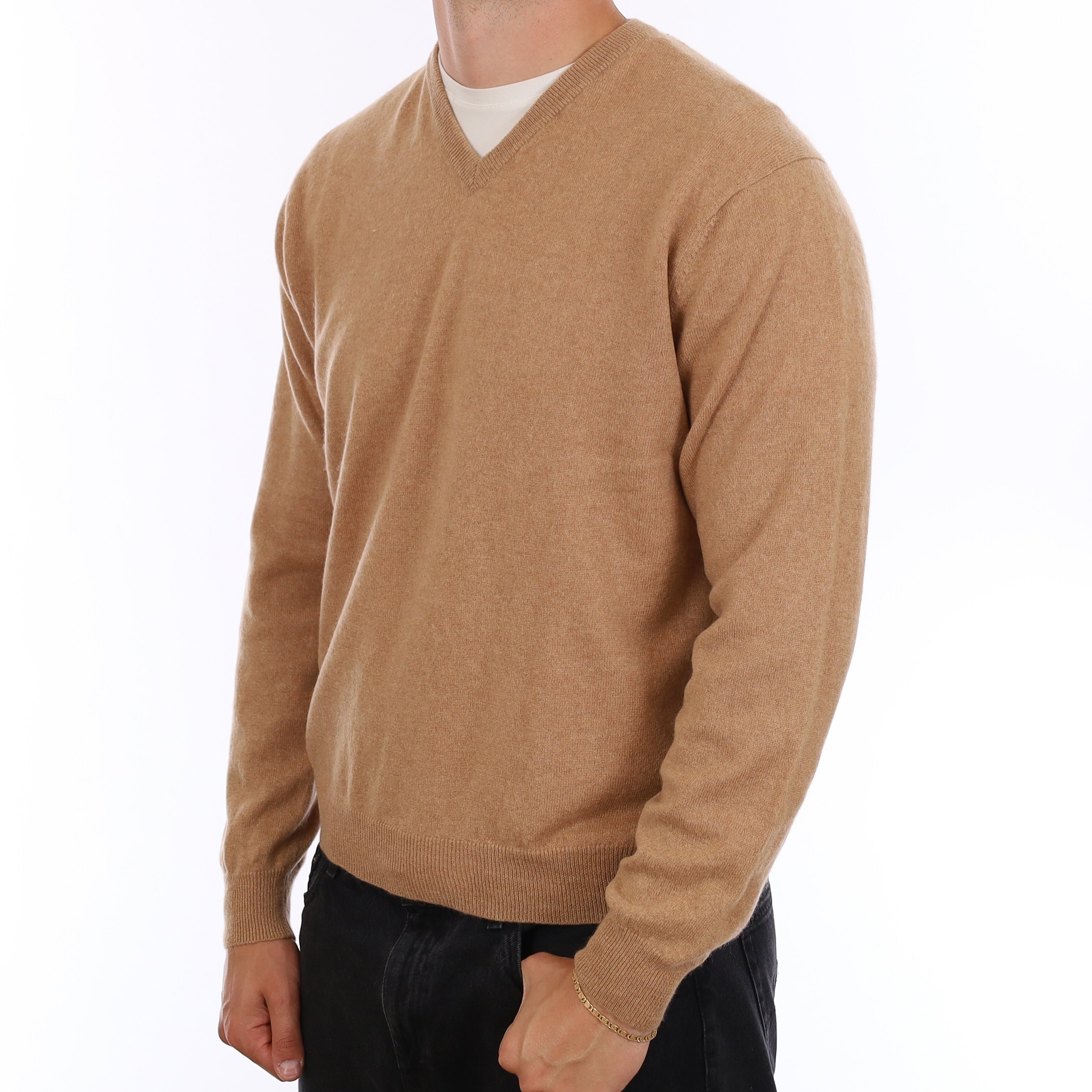 Men's Caramel Brown Cashmere V Neck Jumper XL