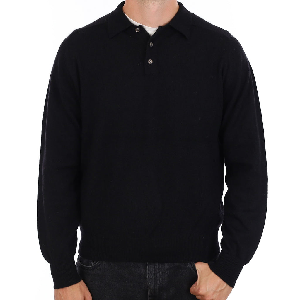 Men's Black Cashmere Collared 1/4 Button Jumper XL