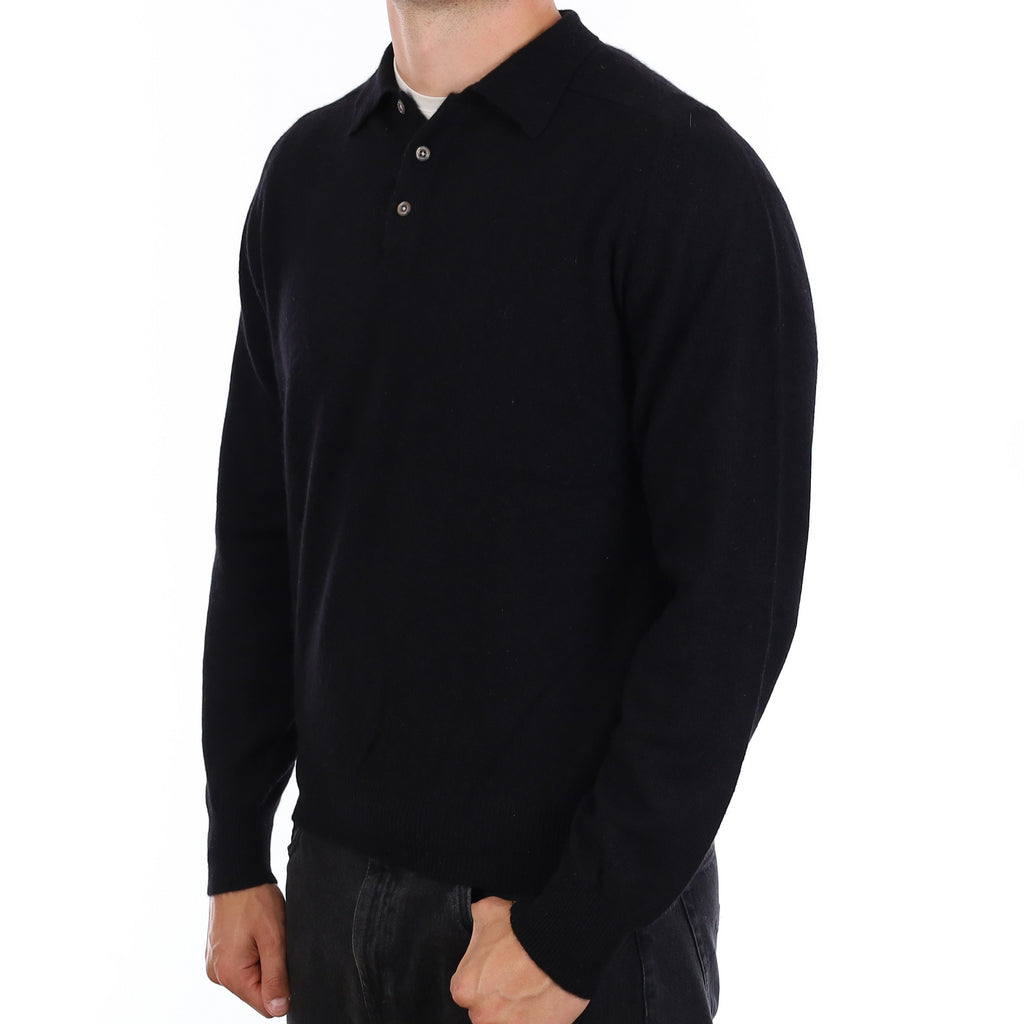 Men's Black Cashmere Collared 1/4 Button Jumper XL