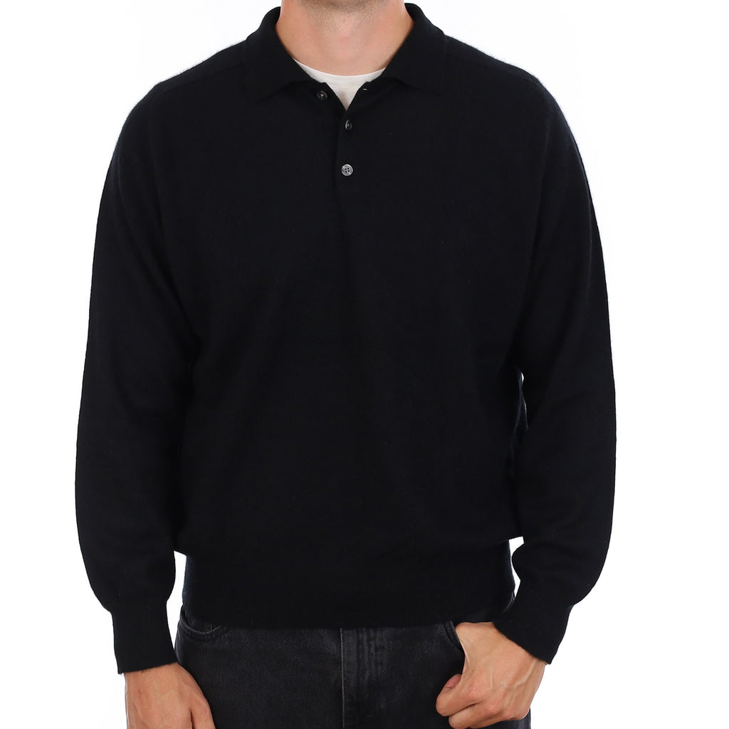 Men's Black Cashmere Collared 1/4 Button Jumper XL