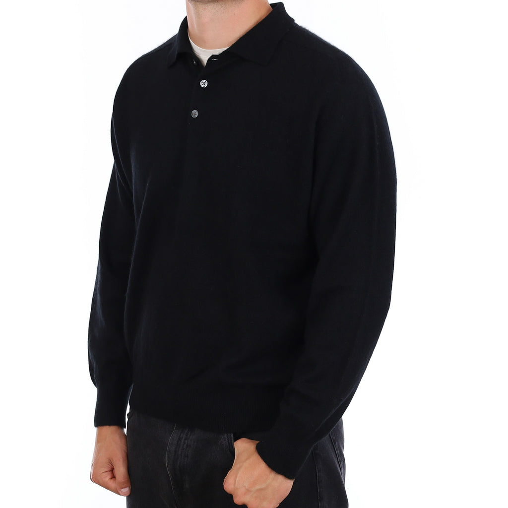 Men's Black Cashmere Collared 1/4 Button Jumper XL