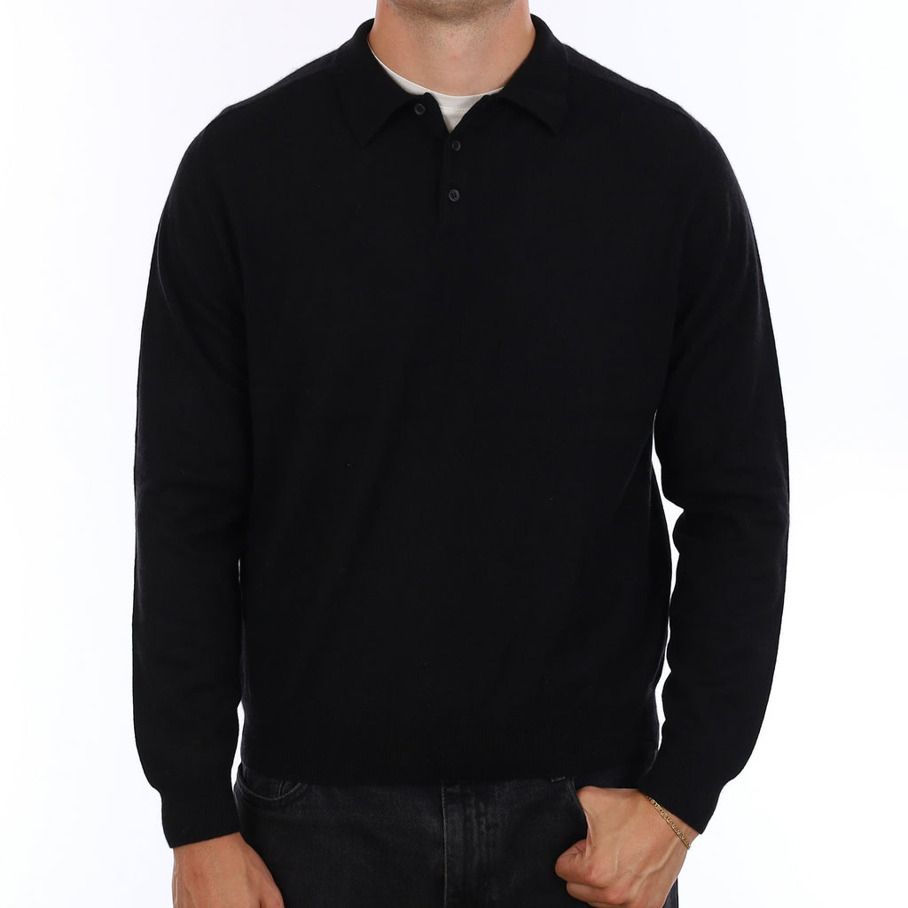 Men's Black Cashmere Collared 1/4 Button Jumper XL