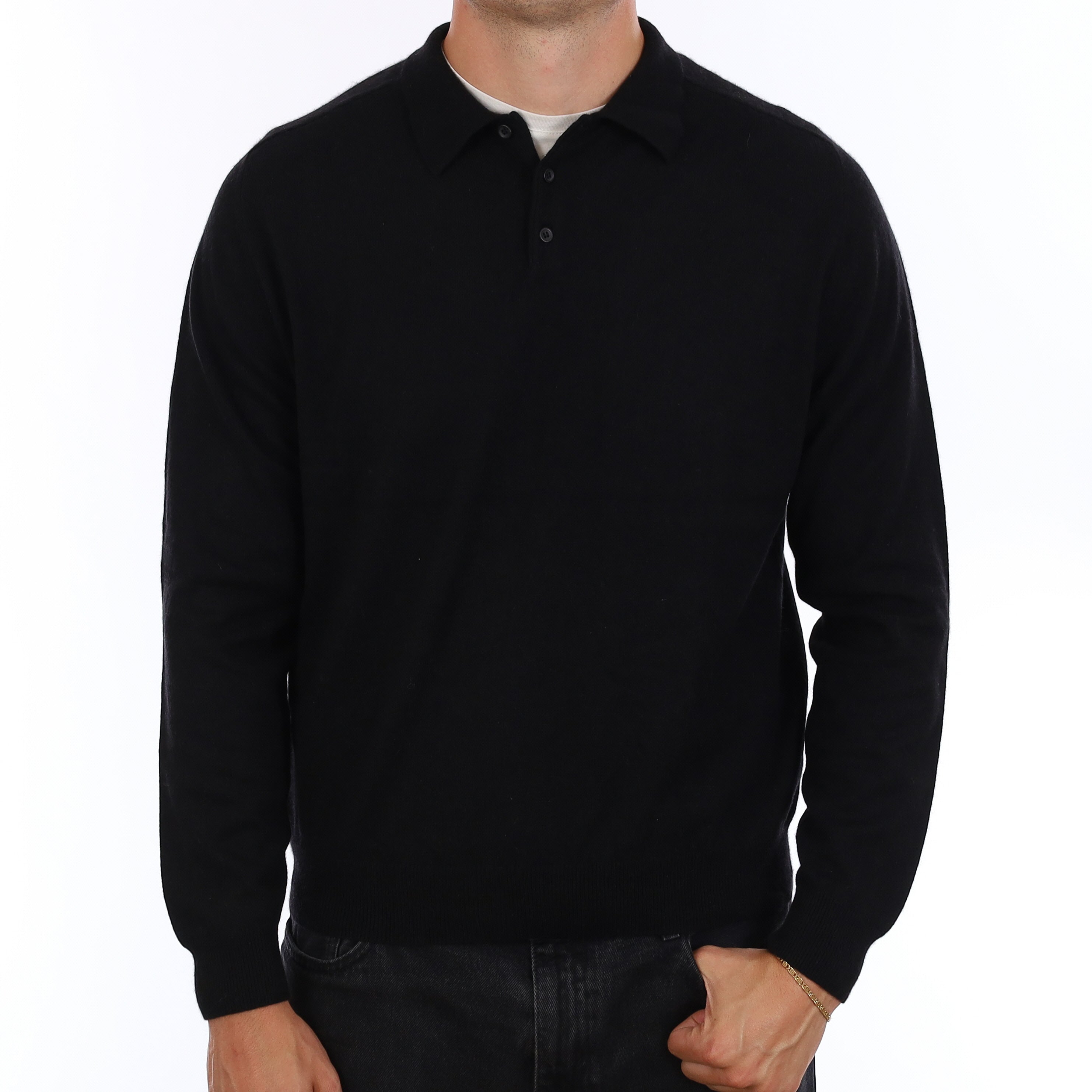 Men's Black Cashmere Collared 1/4 Button Jumper XL