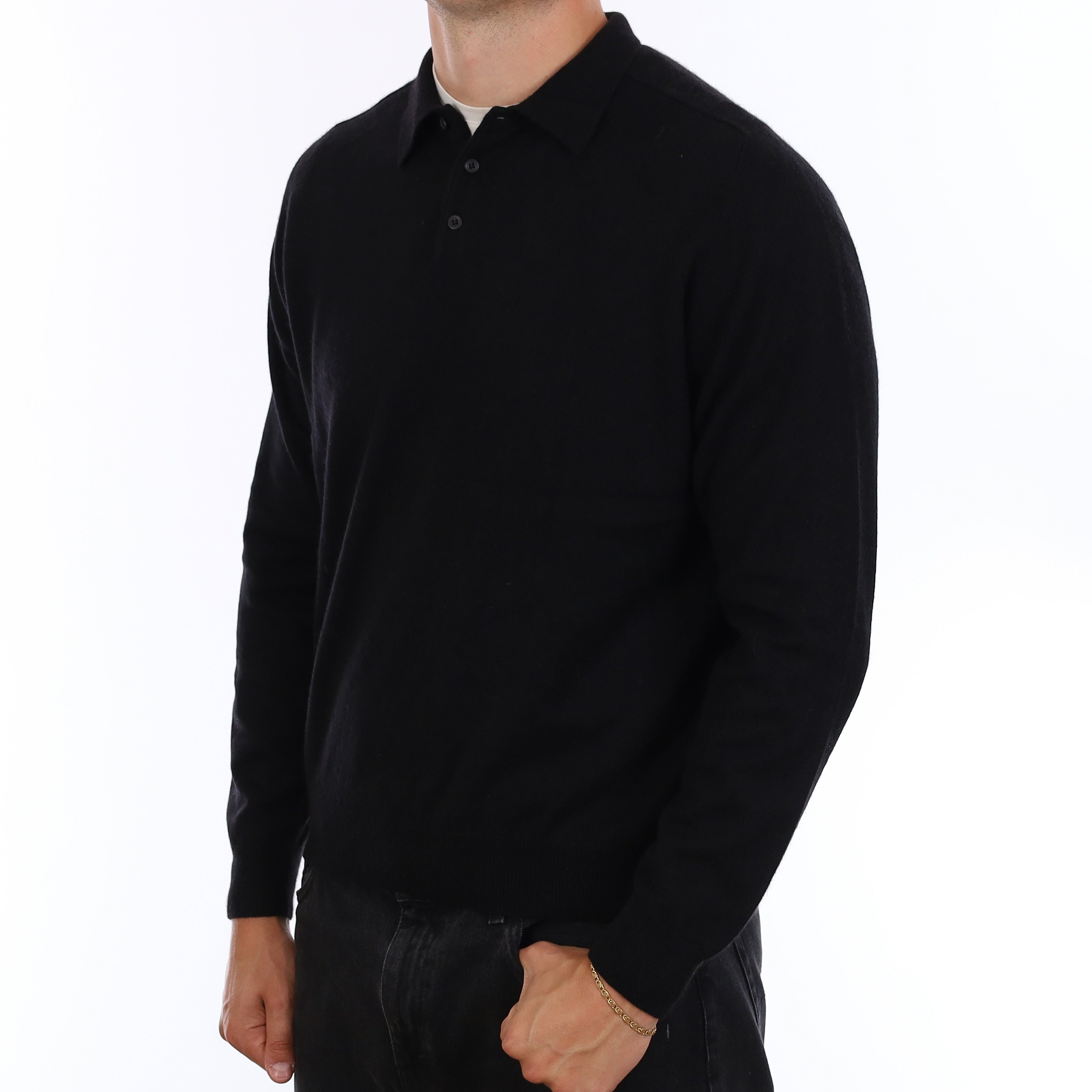 Men's Black Cashmere Collared 1/4 Button Jumper XL