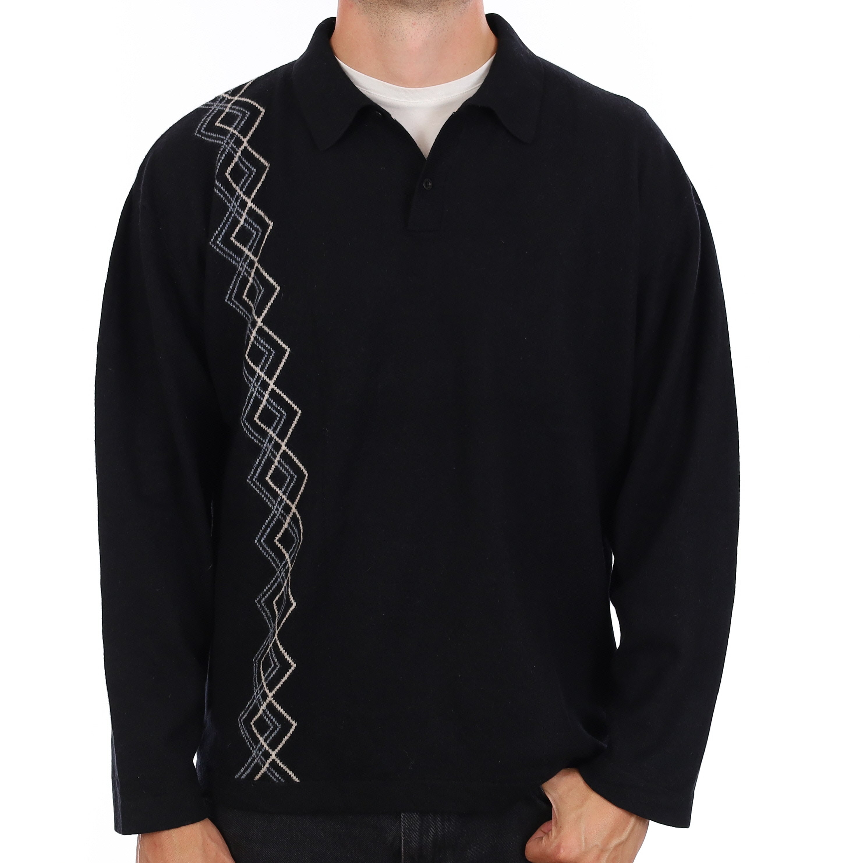 Men's Black Diamond Detail Cashmere Collared 1/4 Button Jumper XXL