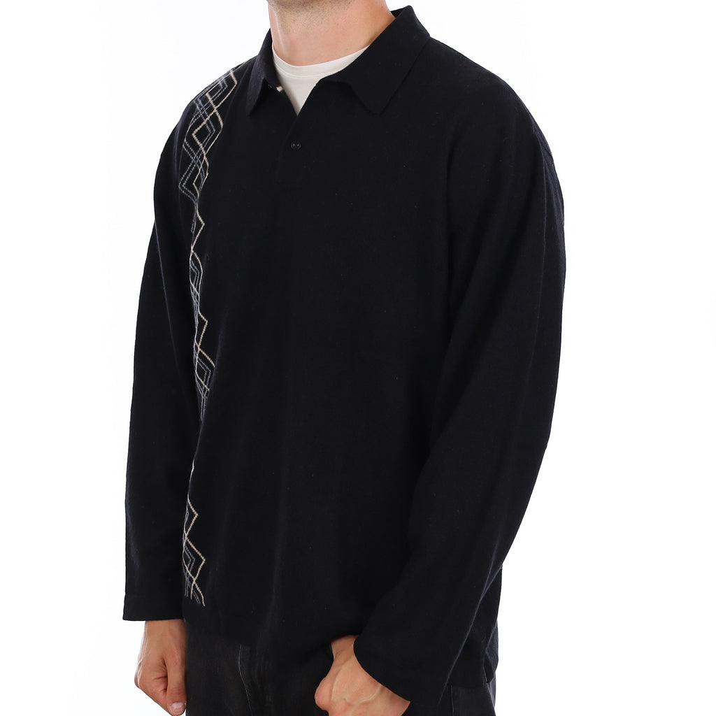 Men's Black Diamond Detail Cashmere Collared 1/4 Button Jumper XXL