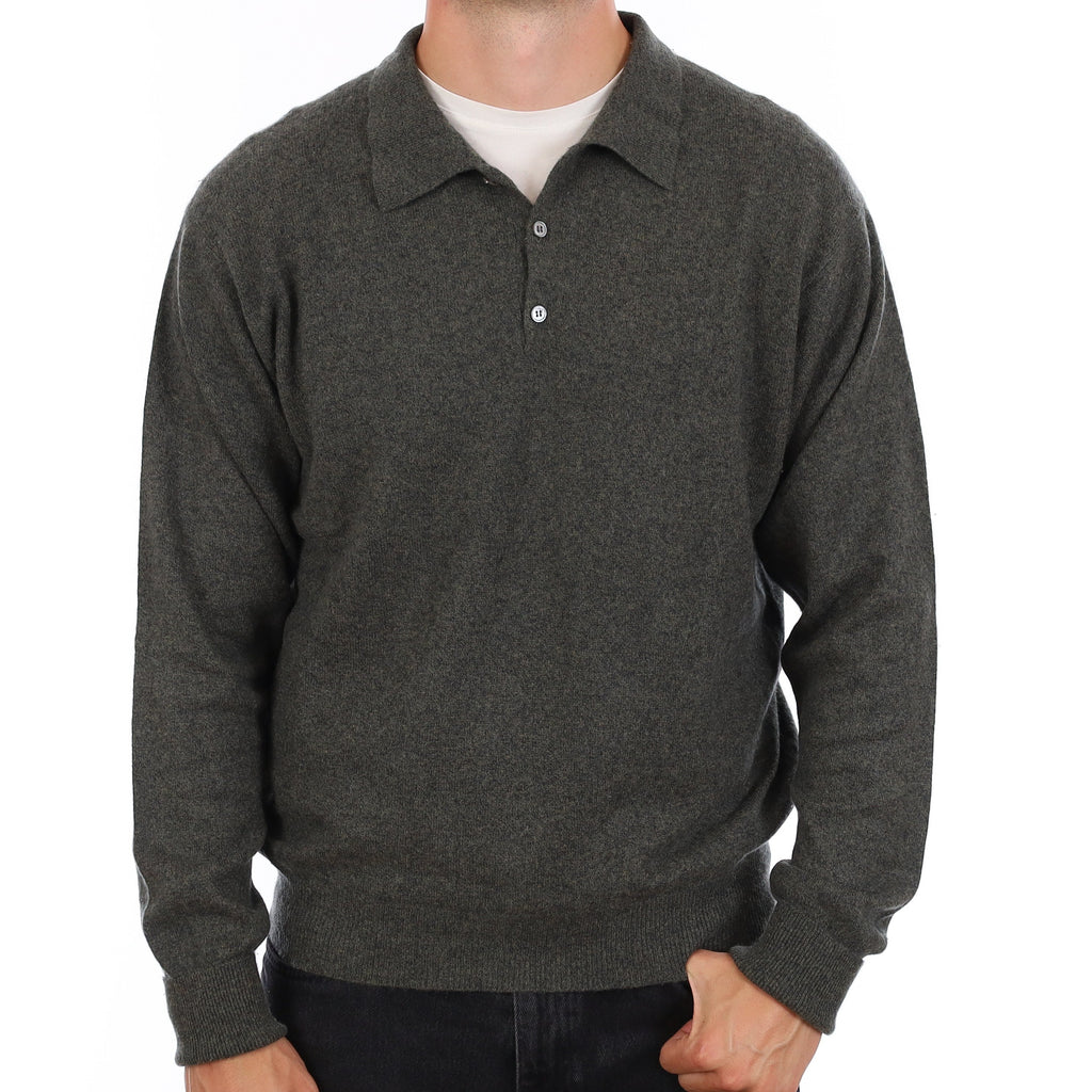 Men's Khaki Green Marl Cashmere Collared 1/4 Button Jumper XL