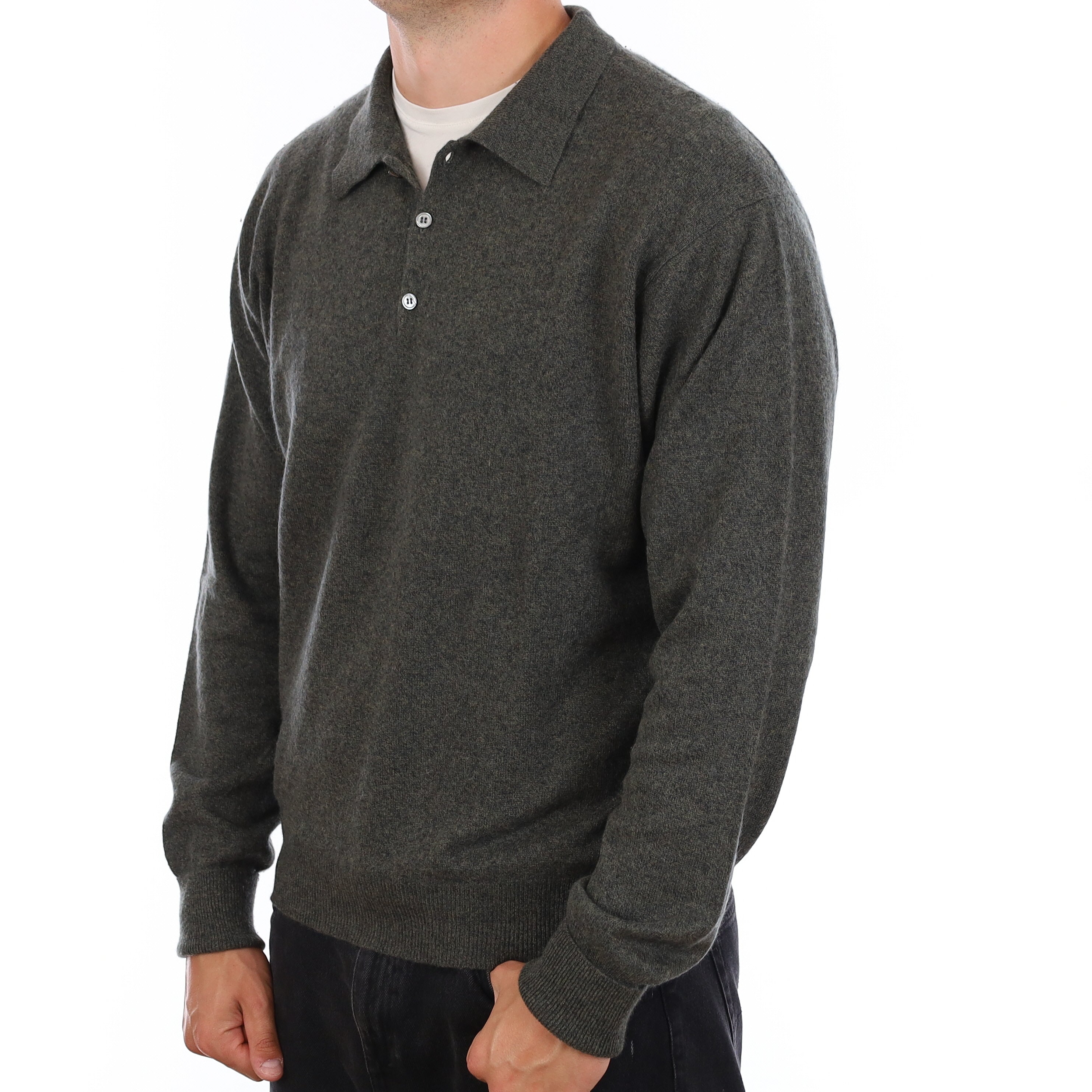 Men's Khaki Green Marl Cashmere Collared 1/4 Button Jumper XL