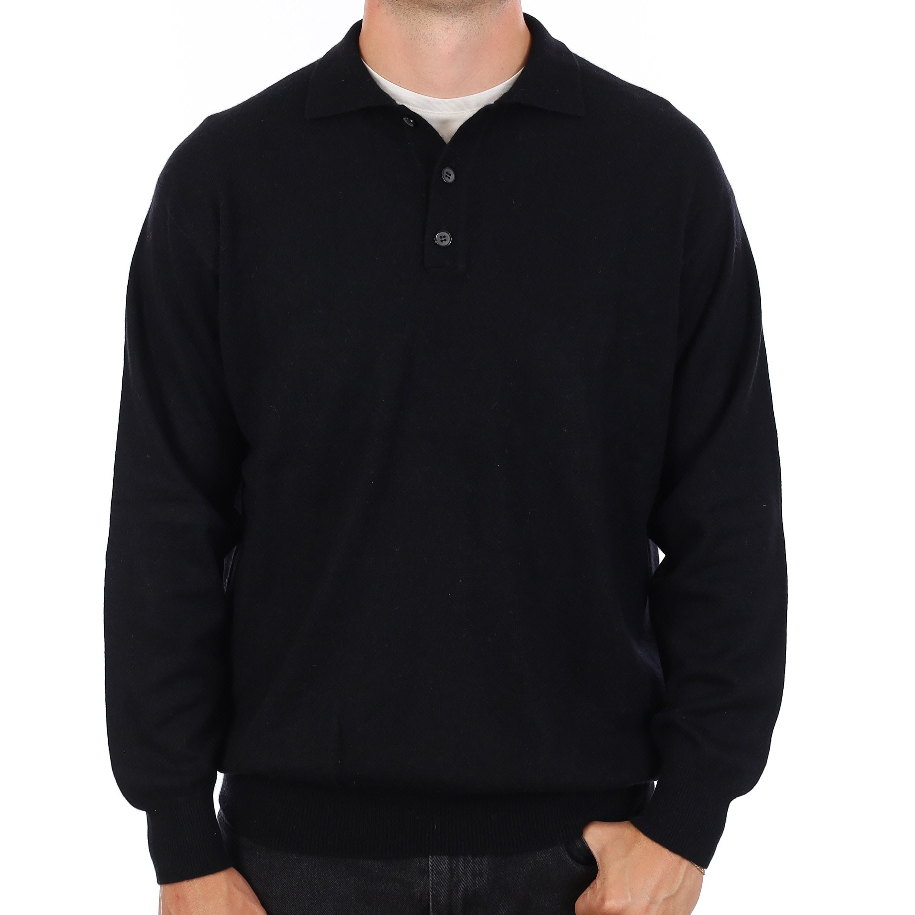 Men's Black Cashmere Collared Quarter Button Jumper XL