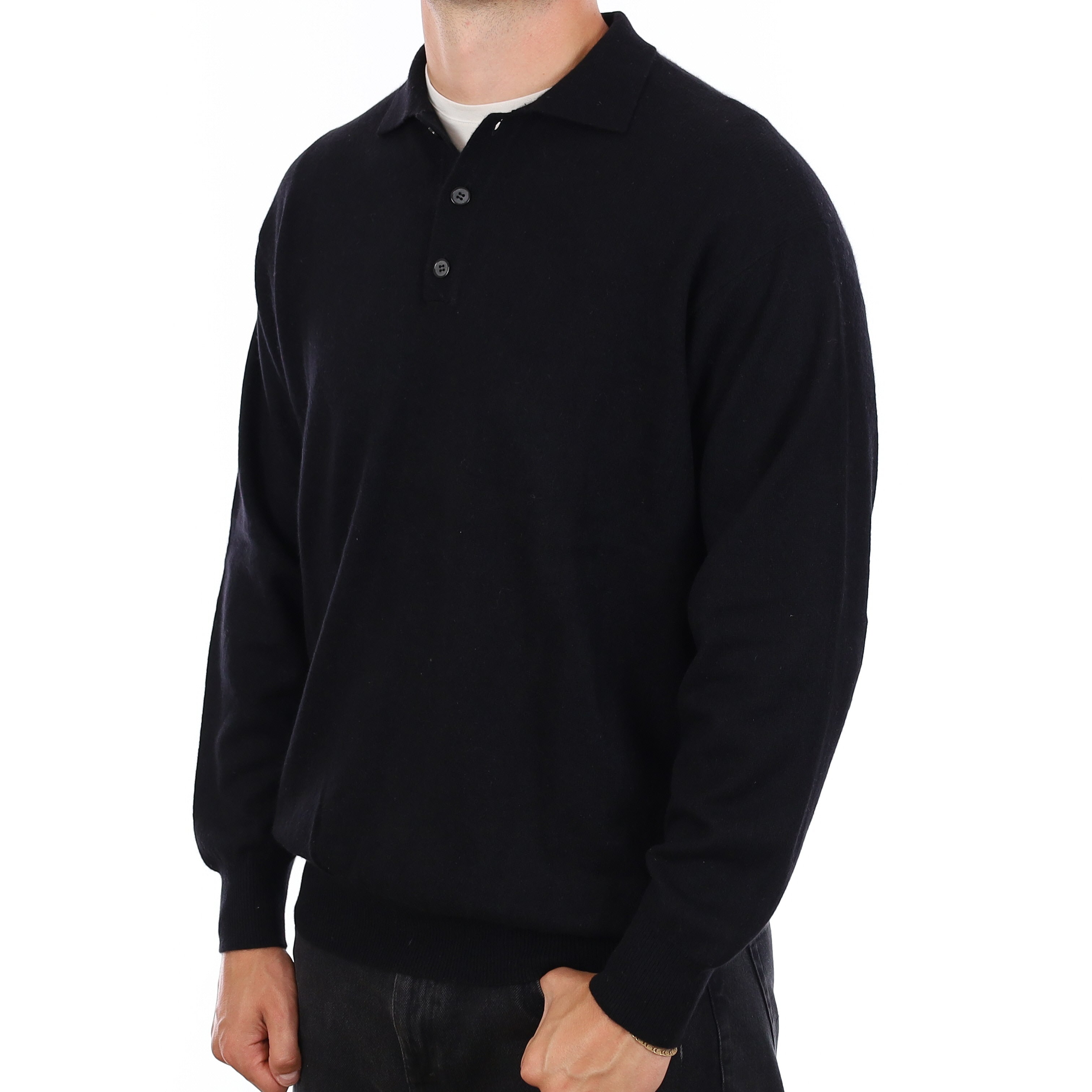 Men's Black Cashmere Collared Quarter Button Jumper XL