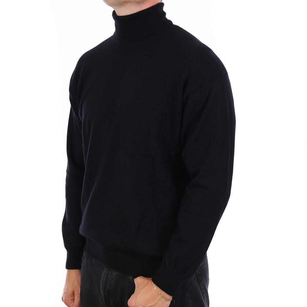 Men's Yorn Black Cashmere Polo Neck Jumper XL
