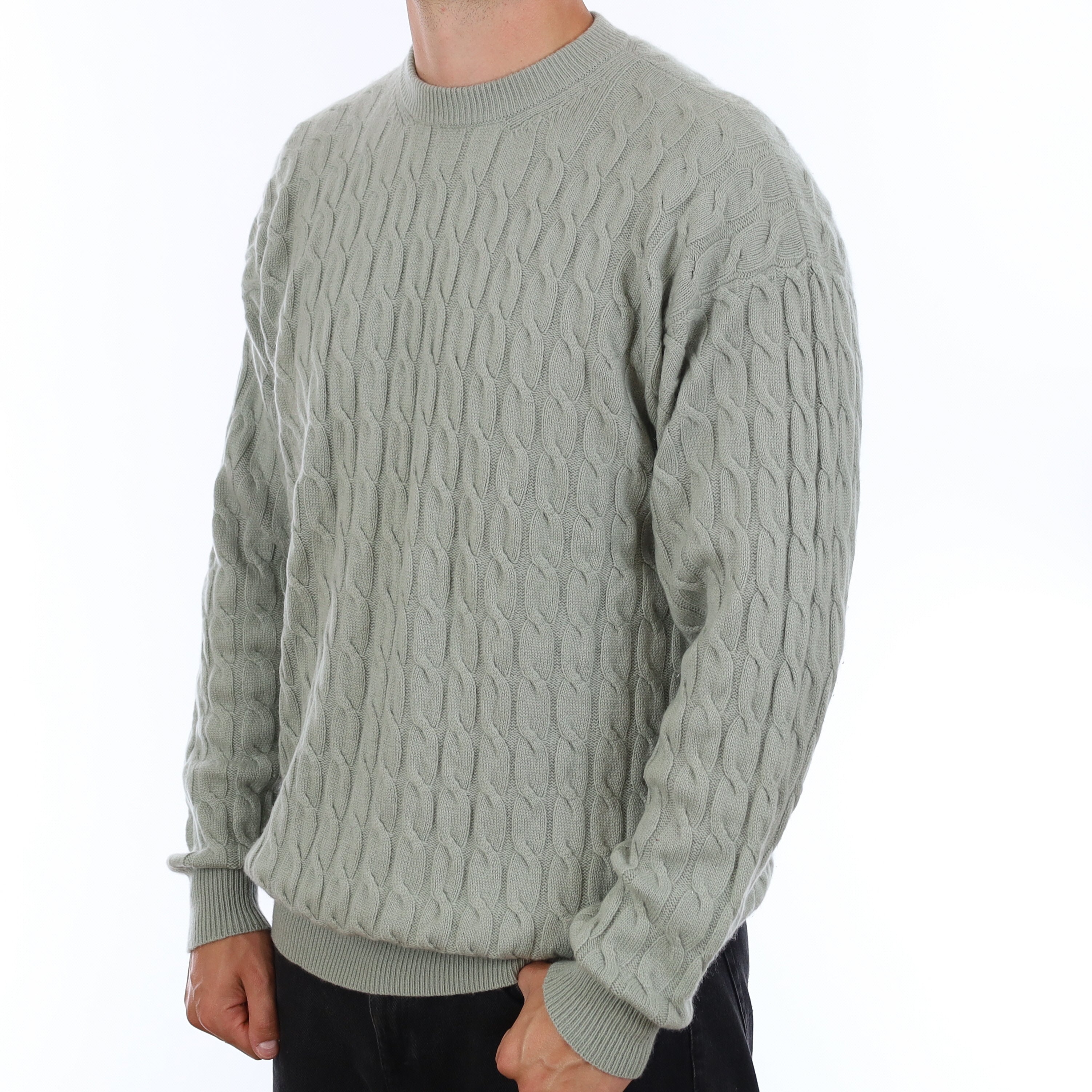 Men's Hazy Green Cable Cashmere V Neck Jumper XXL/Tall
