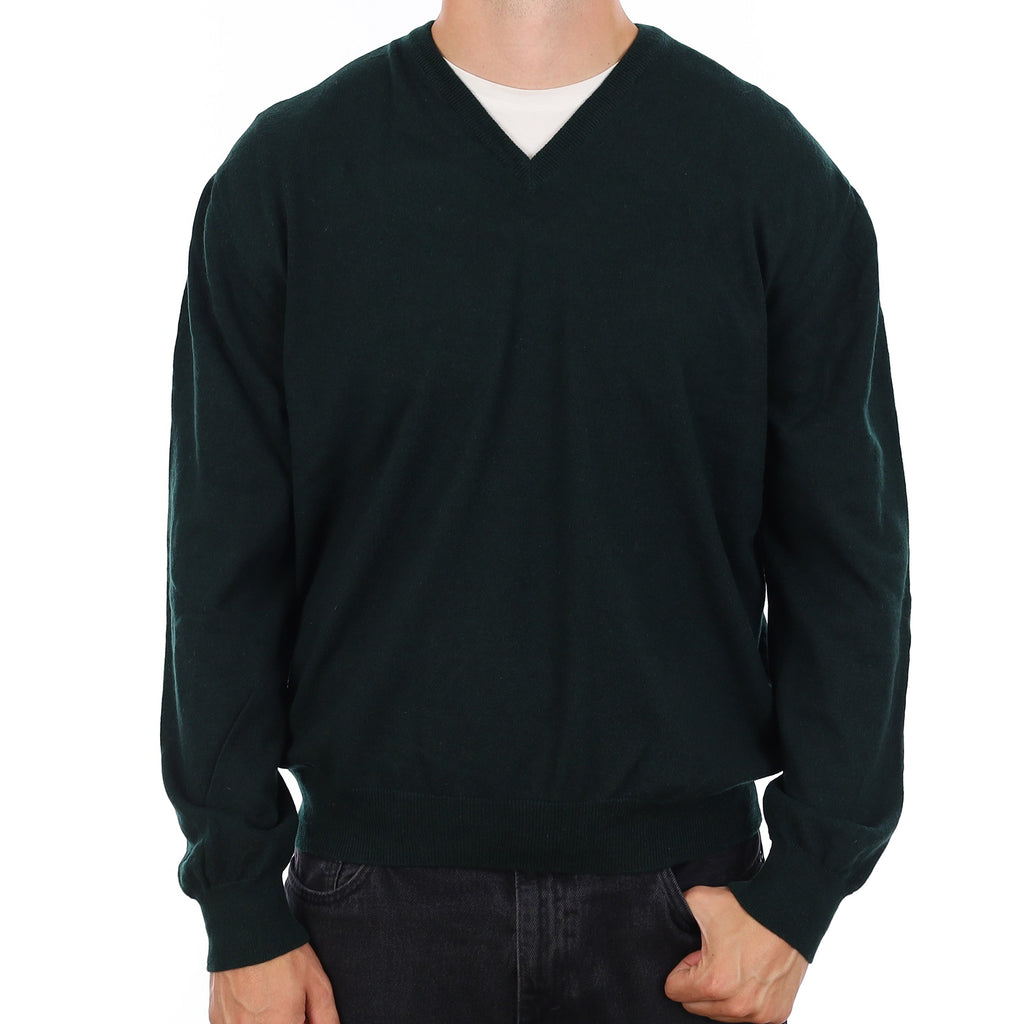Men's Bottle Green Cashmere V Neck Jumper XXL