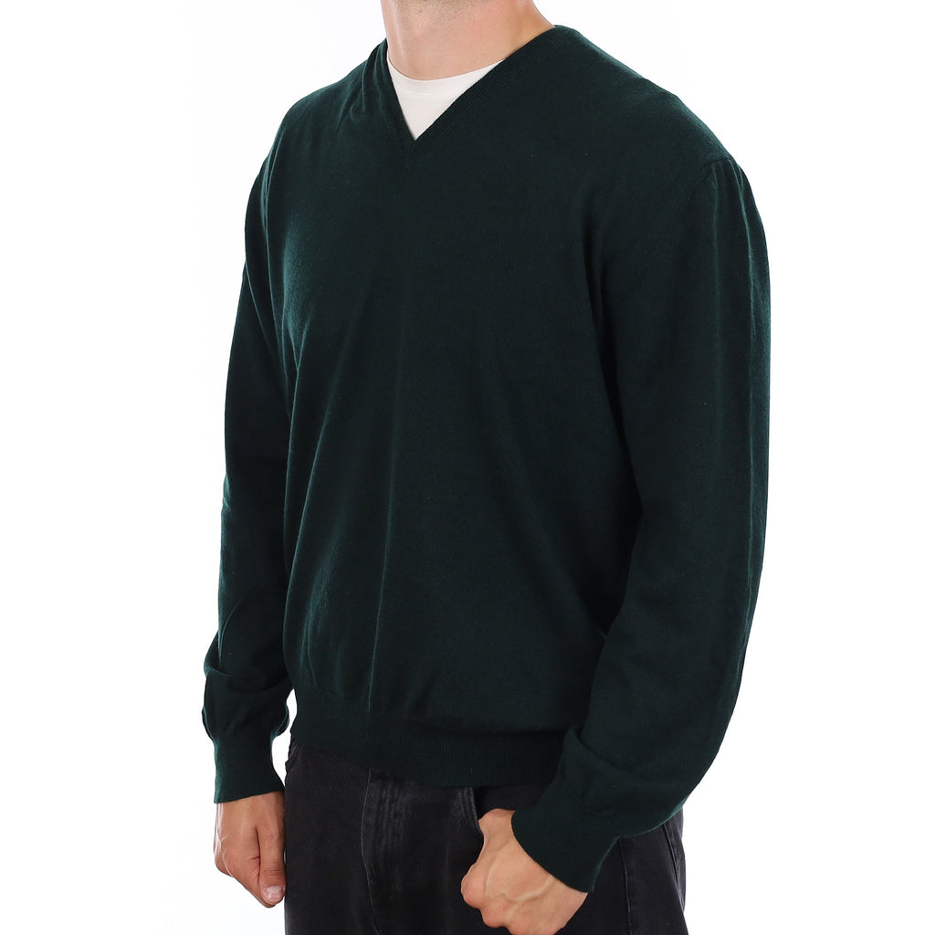 Men's Bottle Green Cashmere V Neck Jumper XXL