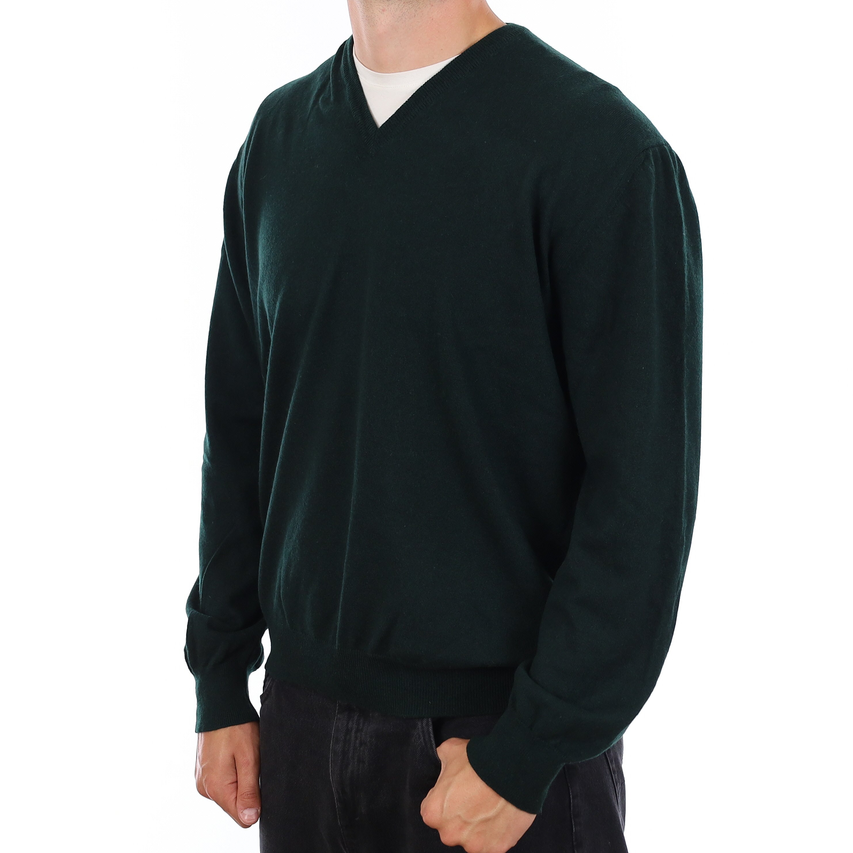 Men's Bottle Green Cashmere V Neck Jumper XXL