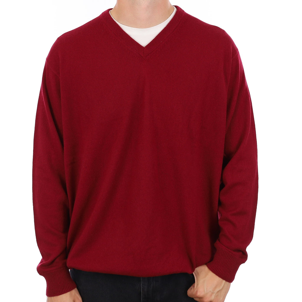 Men's Burgundy Red Cashmere V Neck Jumper XXXL