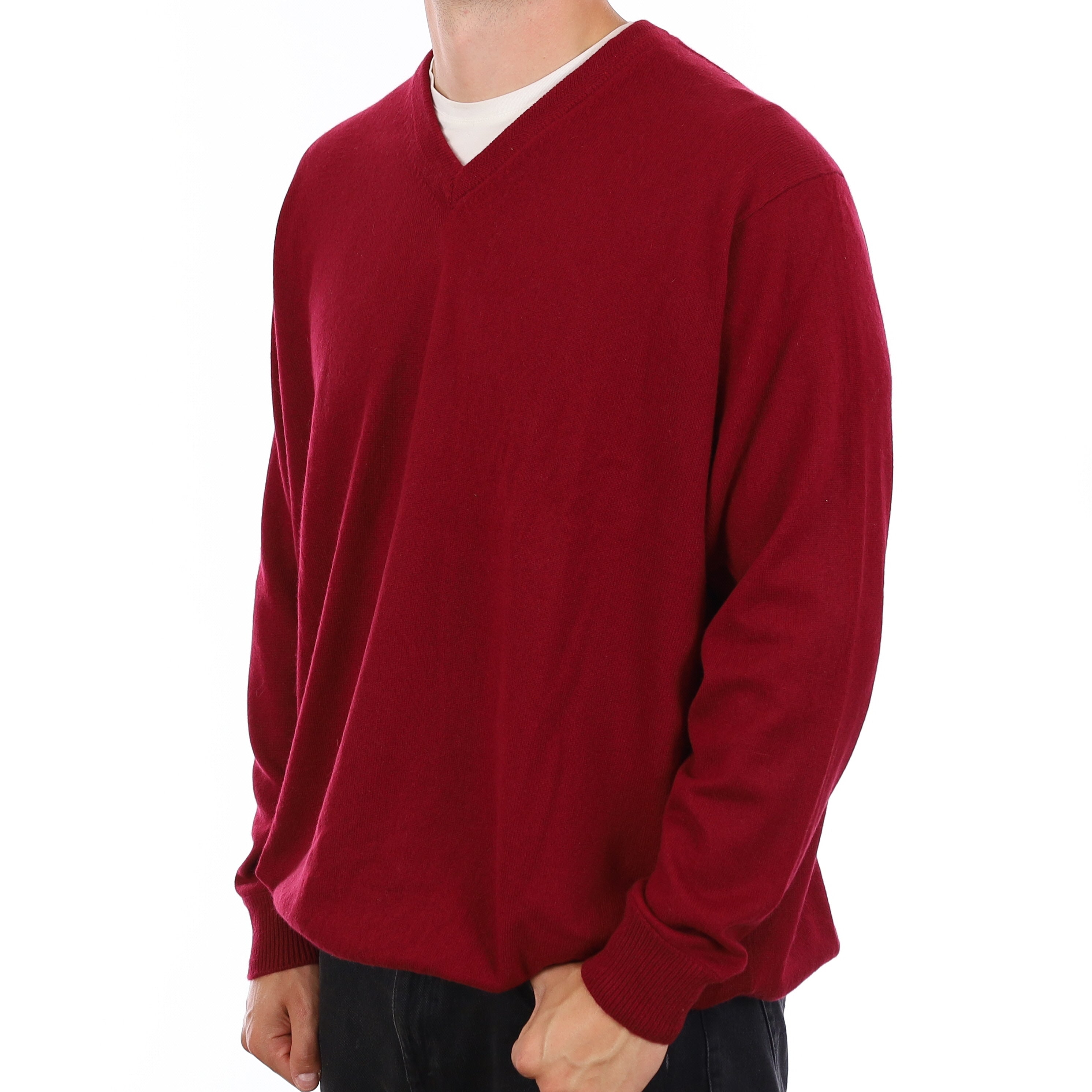 Men's Burgundy Red Cashmere V Neck Jumper XXXL