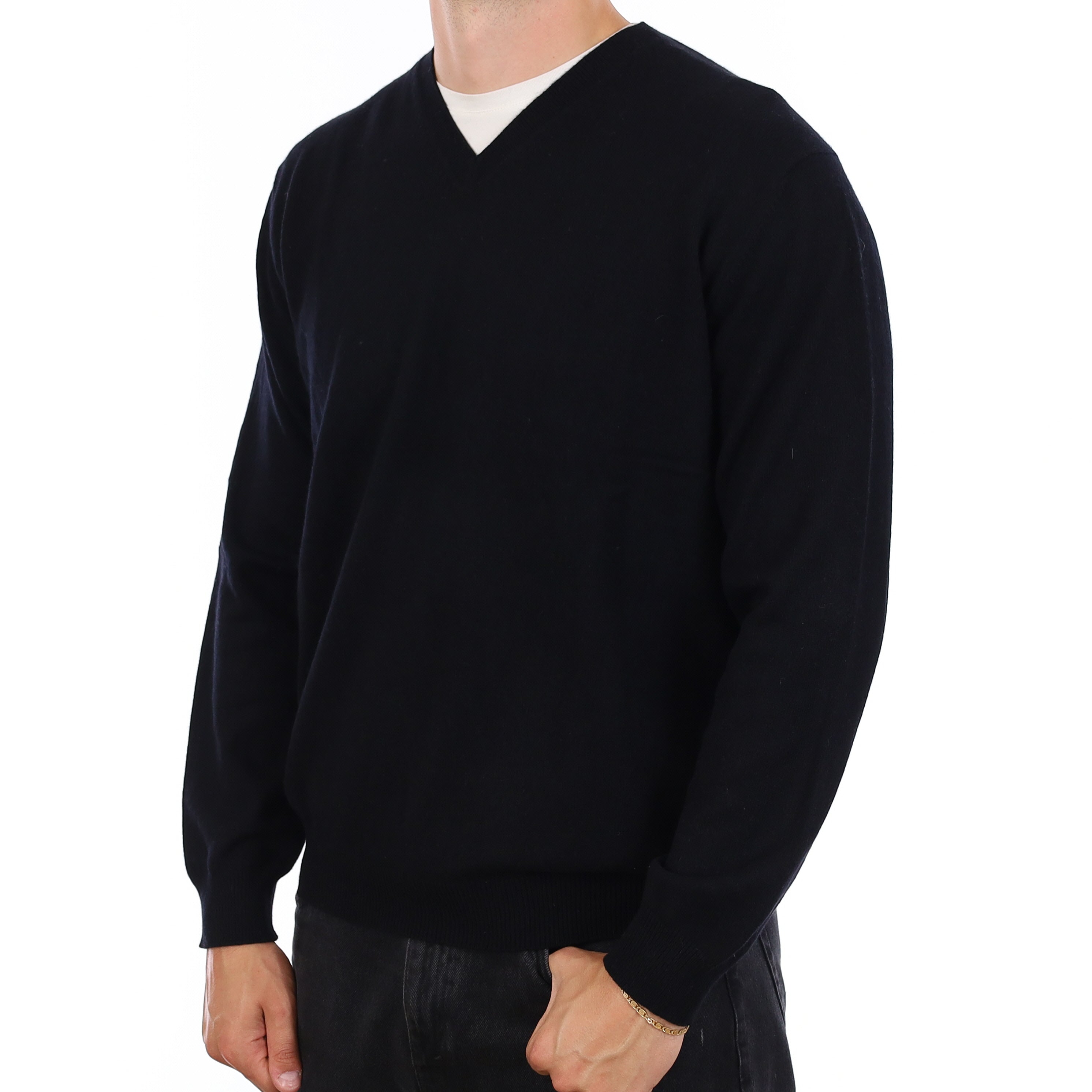 Men's Black Cashmere V Neck Jumper XL