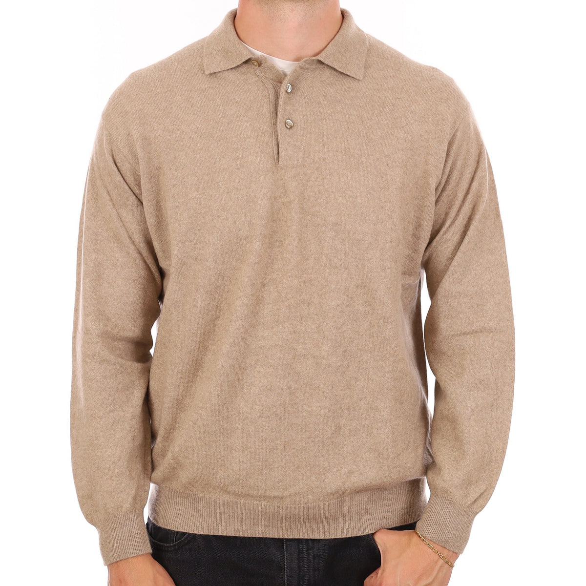 Men's Fawn Brown Cashmere Collared Quarter Button Neck Jumper XL