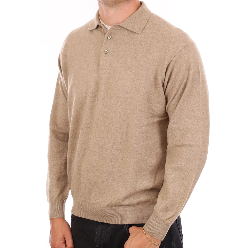Men's Fawn Brown Cashmere Collared Quarter Button Neck Jumper XL