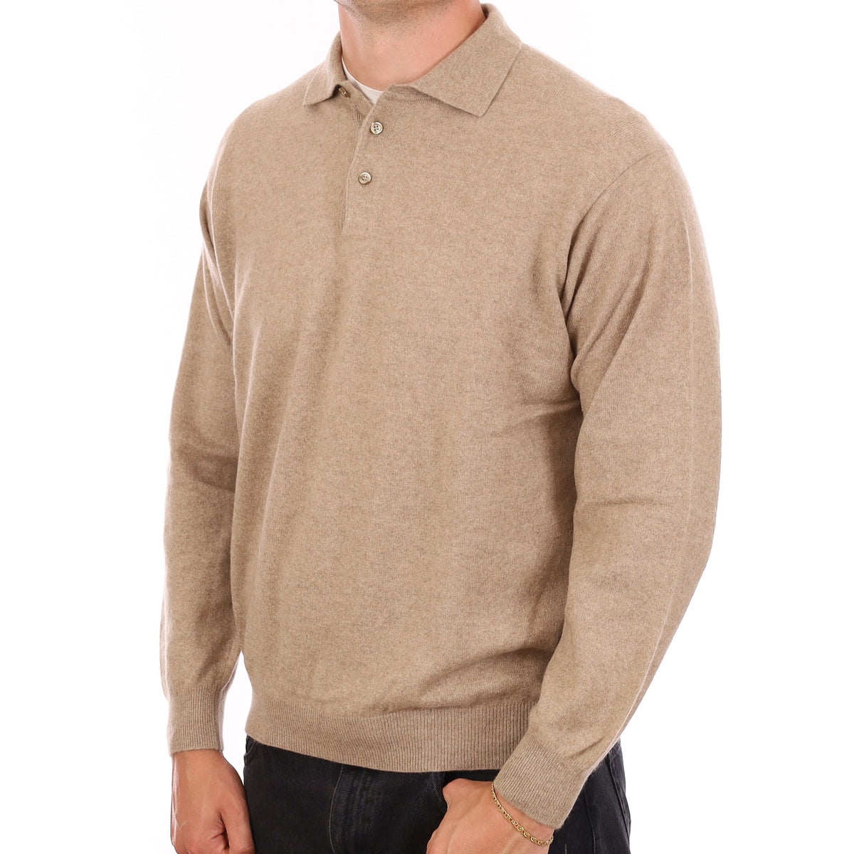 Men's Fawn Brown Cashmere Collared Quarter Button Neck Jumper XL