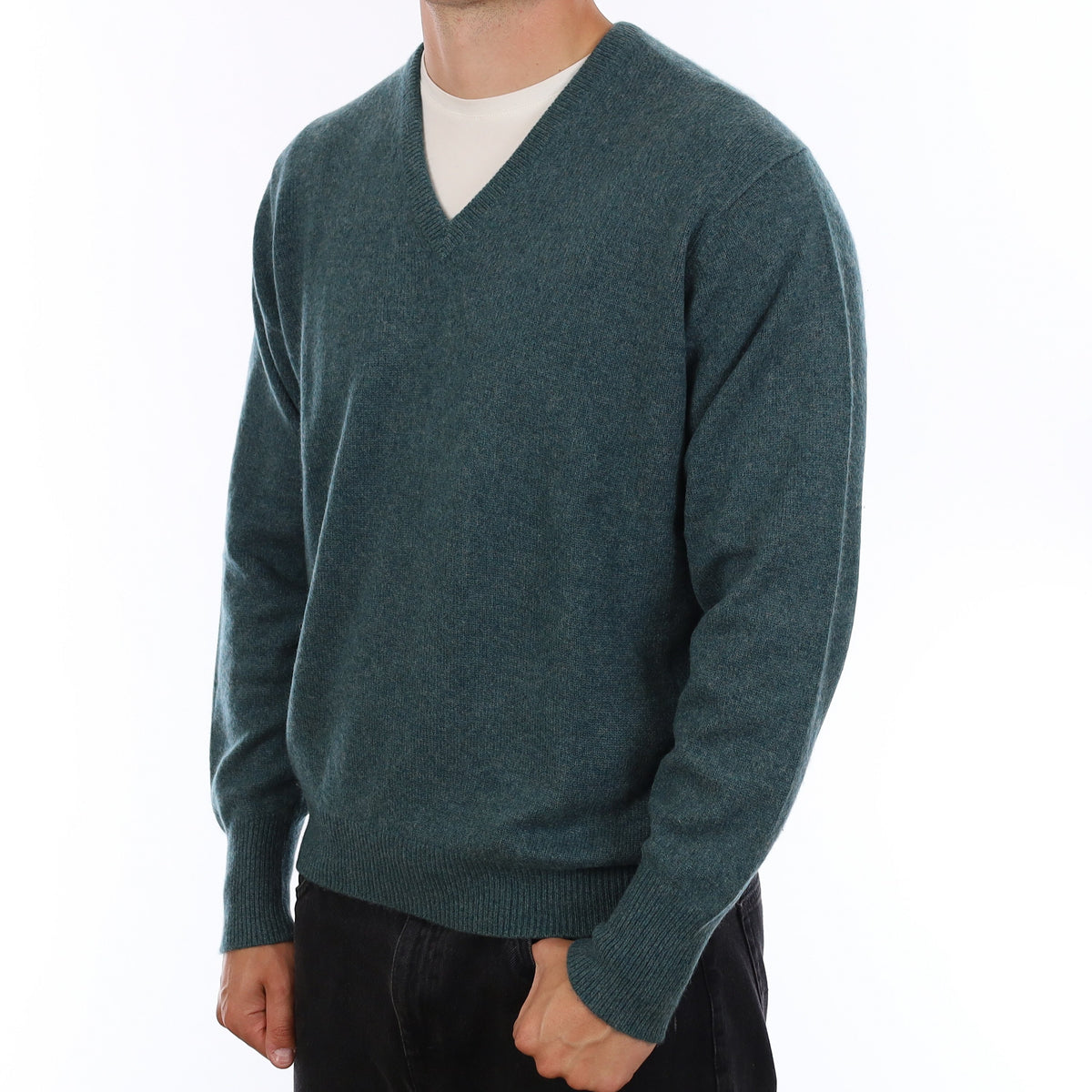 Men's spruce Green Heavy Knit Cashmere V Neck Jumper XL